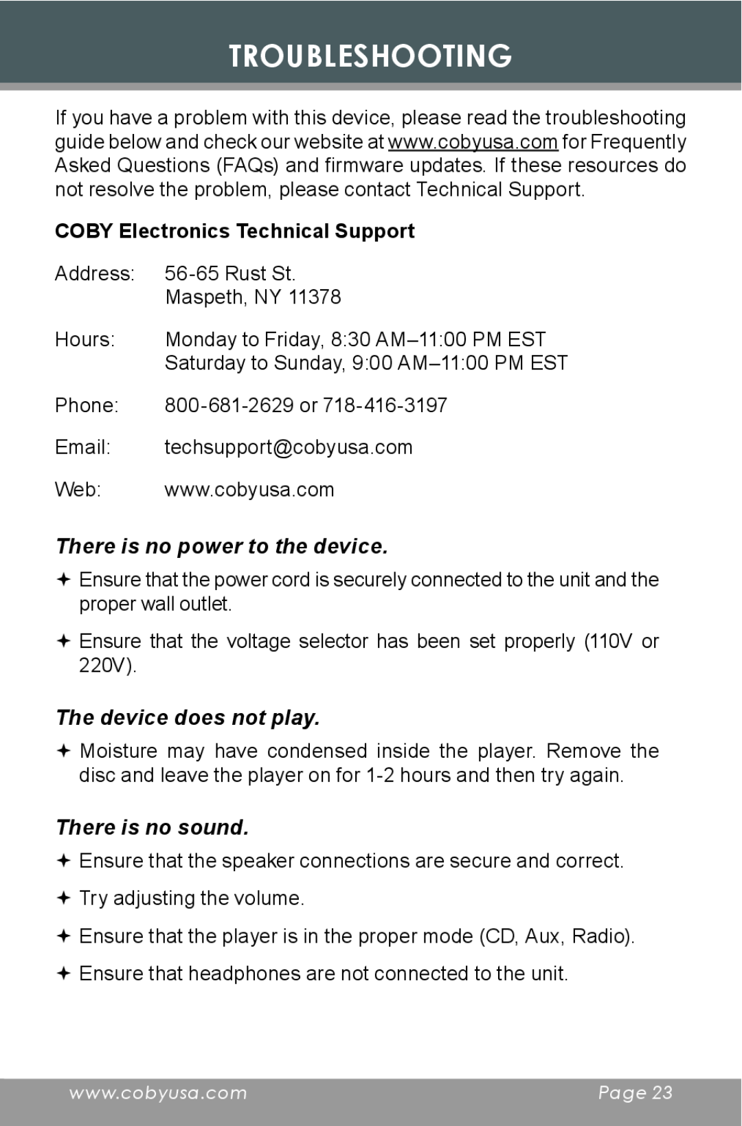 COBY electronic CD377 Troubleshooting, COBY Electronics Technical Support, There is no power to the device 