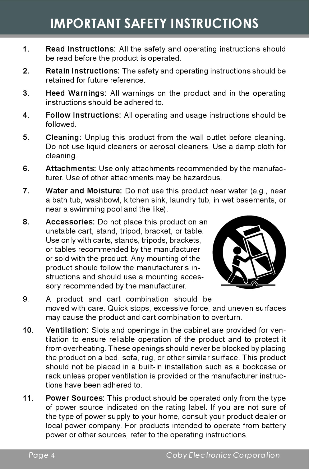 COBY electronic CD377 instruction manual Important Safety Instructions, Page , Coby Electronics Corporation 