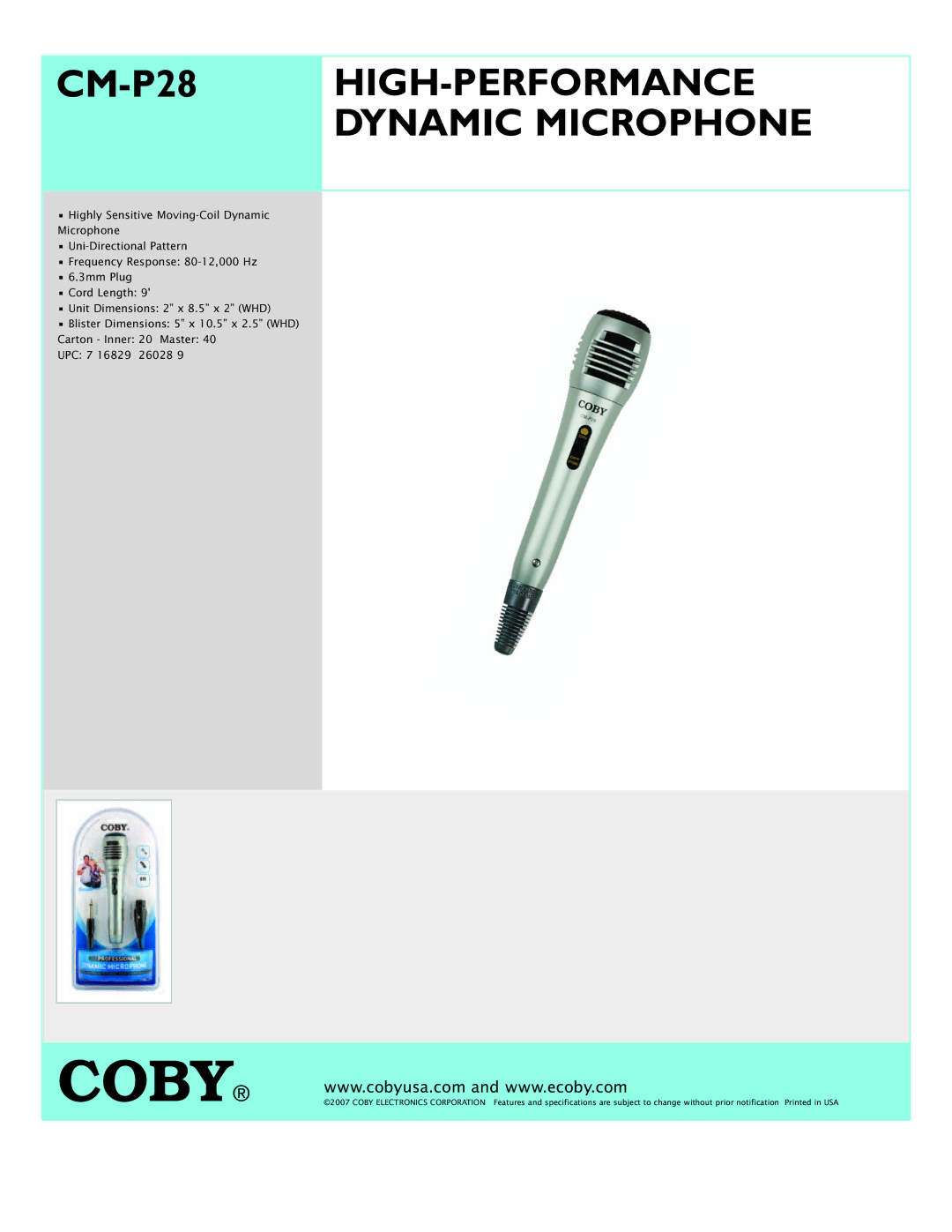 COBY electronic specifications CM-P28 HIGH-PERFORMANCE Dynamic Microphone 