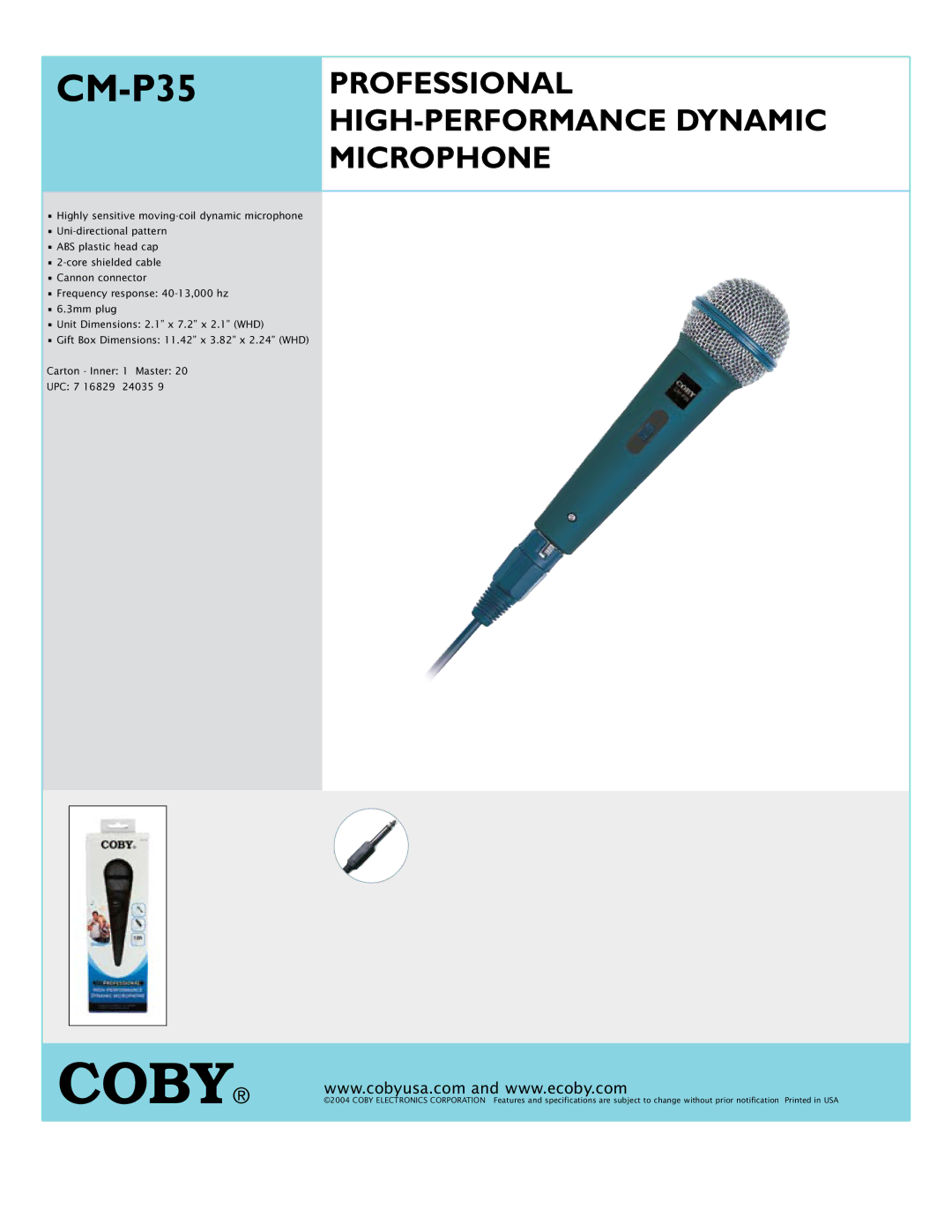 COBY electronic CM-P35 specifications Professional HIGH-PERFORMANCE Dynamic Microphone 