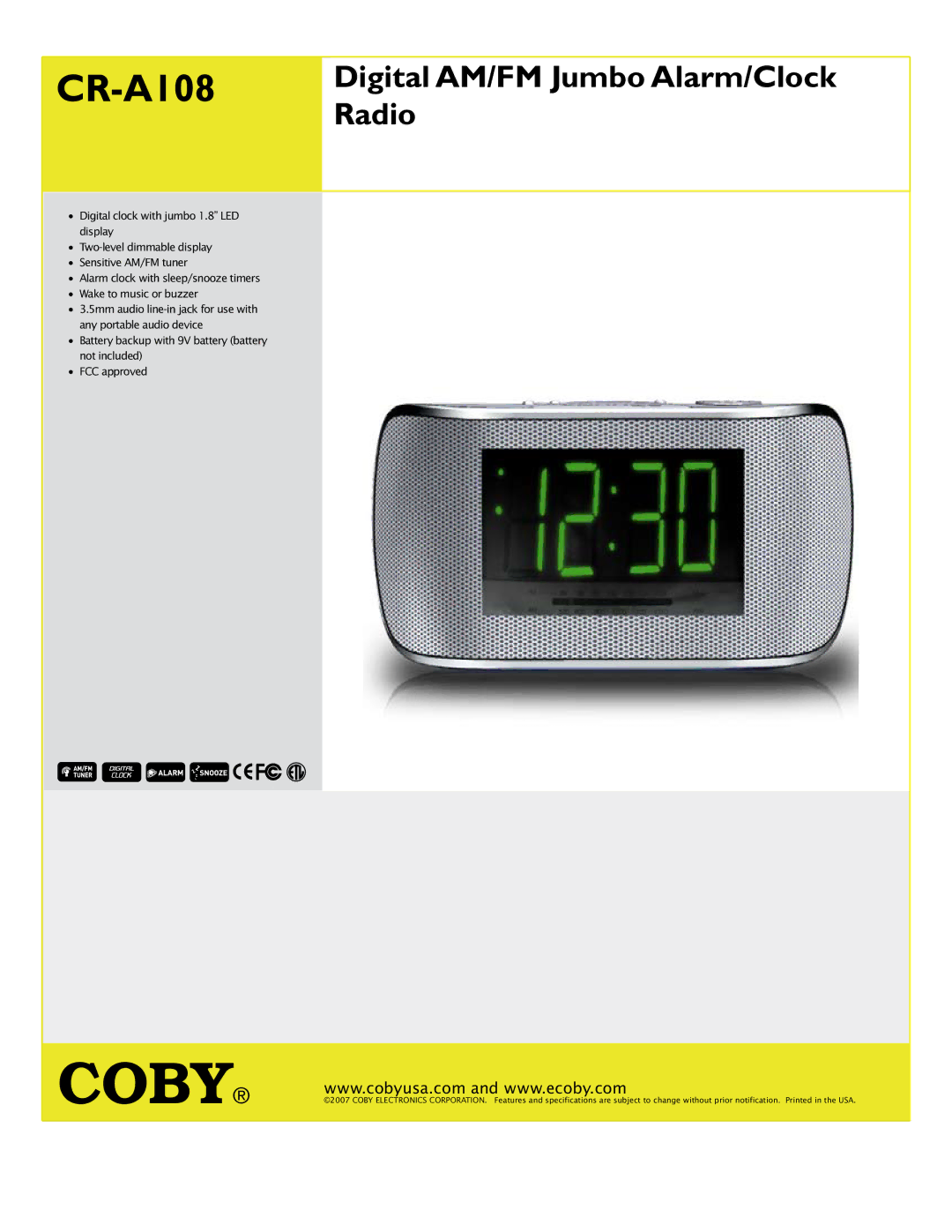 COBY electronic CR-A108 specifications Digital AM/FM Jumbo Alarm/Clock Radio 