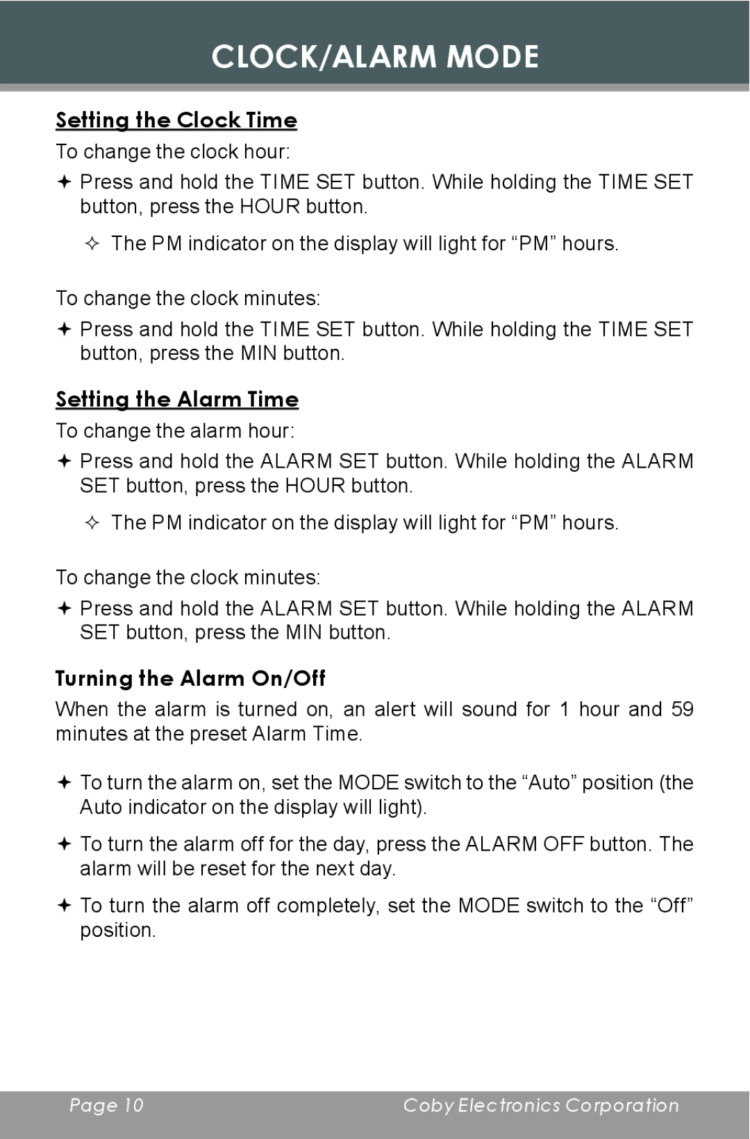 COBY electronic CR-A119 CLOCK/ALARM Mode, Setting the Clock Time, Setting the Alarm Time, Turning the Alarm On/Off 