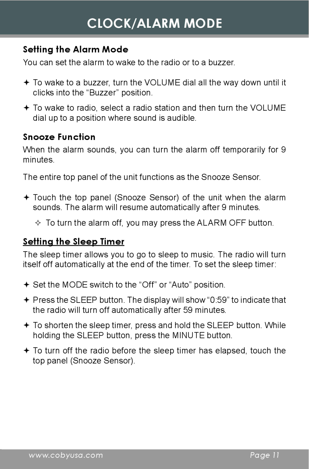 COBY electronic CR-A119 instruction manual Setting the Alarm Mode, Snooze Function, Setting the Sleep Timer 