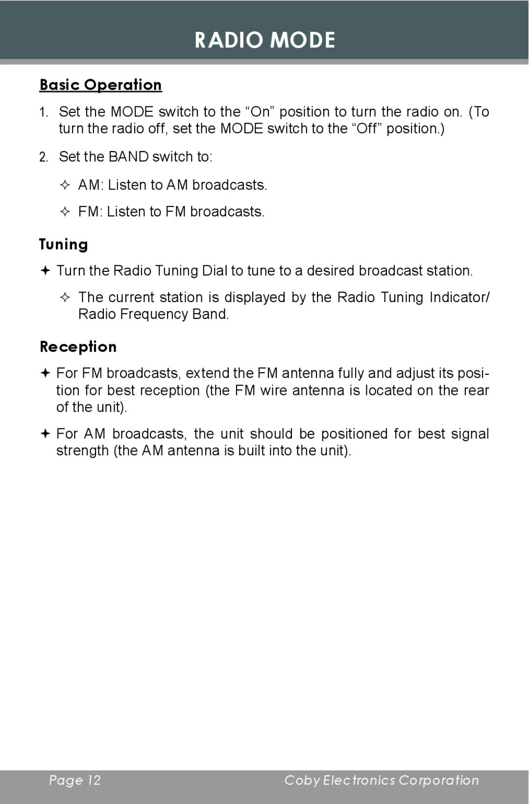 COBY electronic CR-A119 instruction manual Radio Mode, Basic Operation, Tuning, Reception 