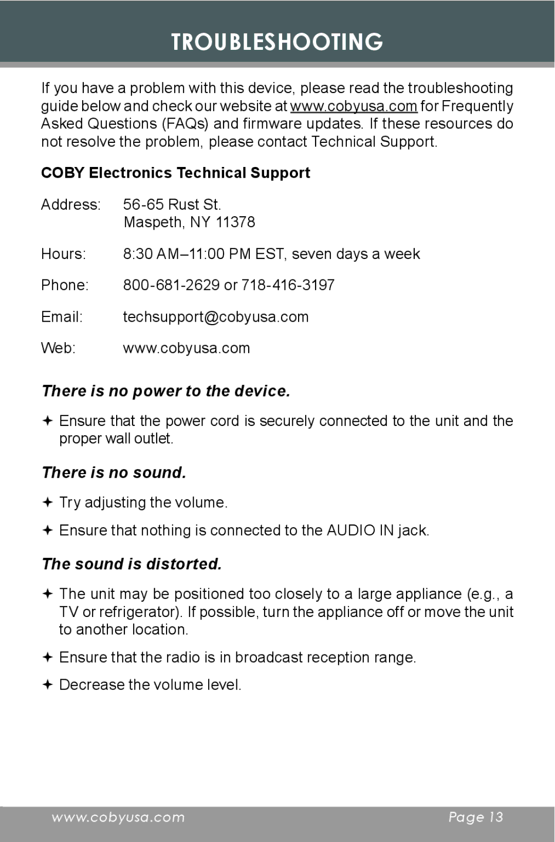 COBY electronic CR-A119 instruction manual Troubleshooting, Coby Electronics Technical Support 