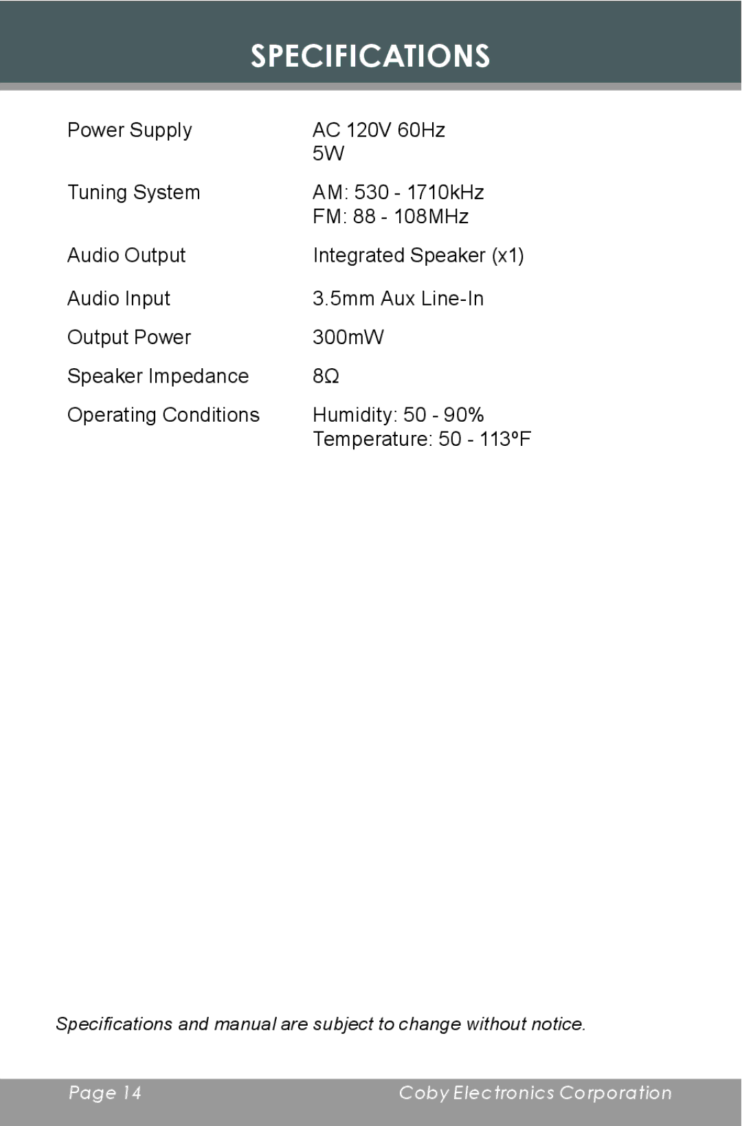 COBY electronic CR-A119 instruction manual Specifications 