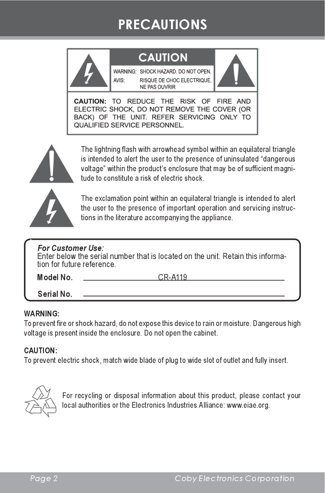 COBY electronic CR-A119 instruction manual Precautions, For Customer Use 