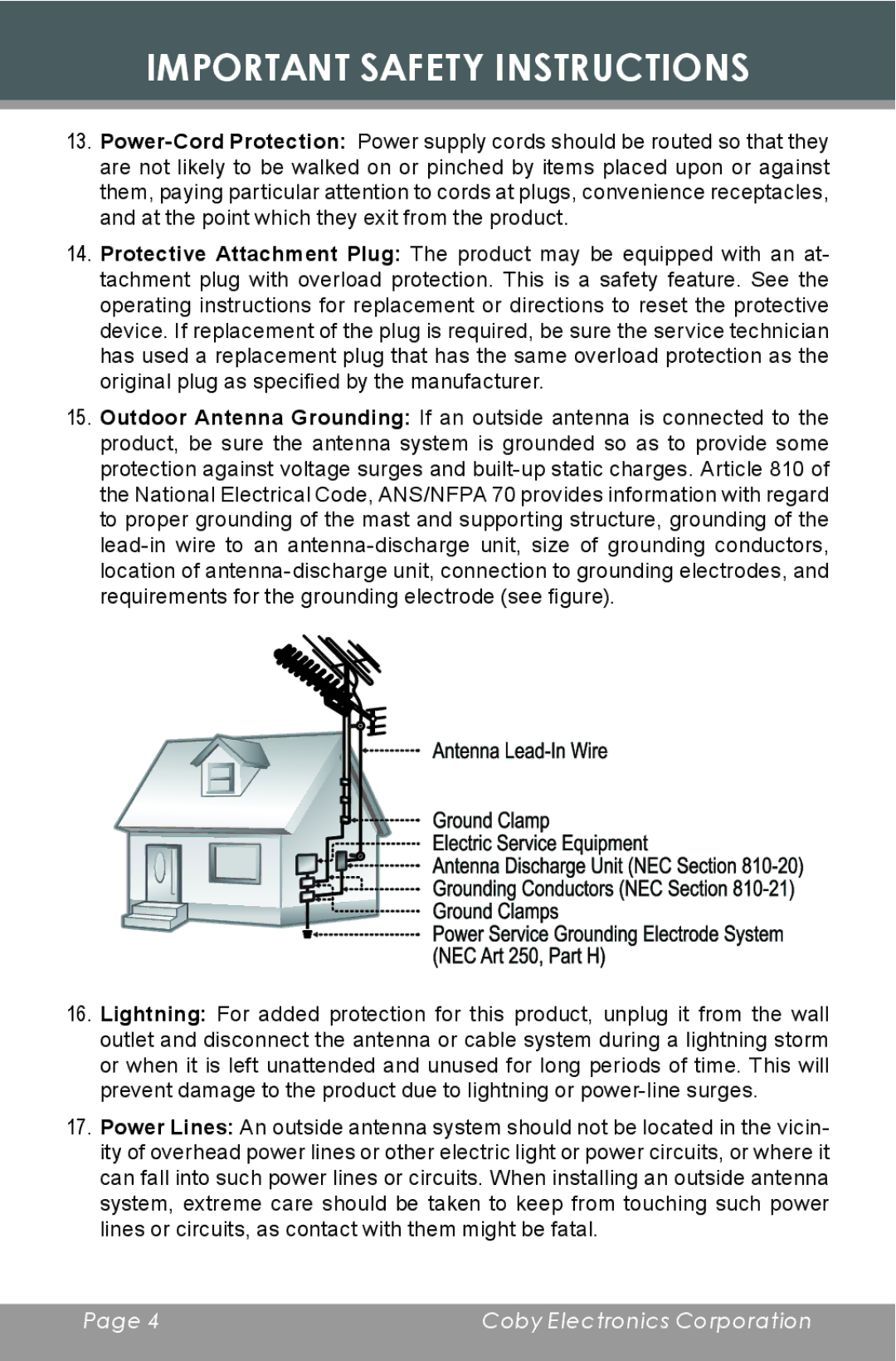 COBY electronic CR-A119 instruction manual Important Safety Instructions 