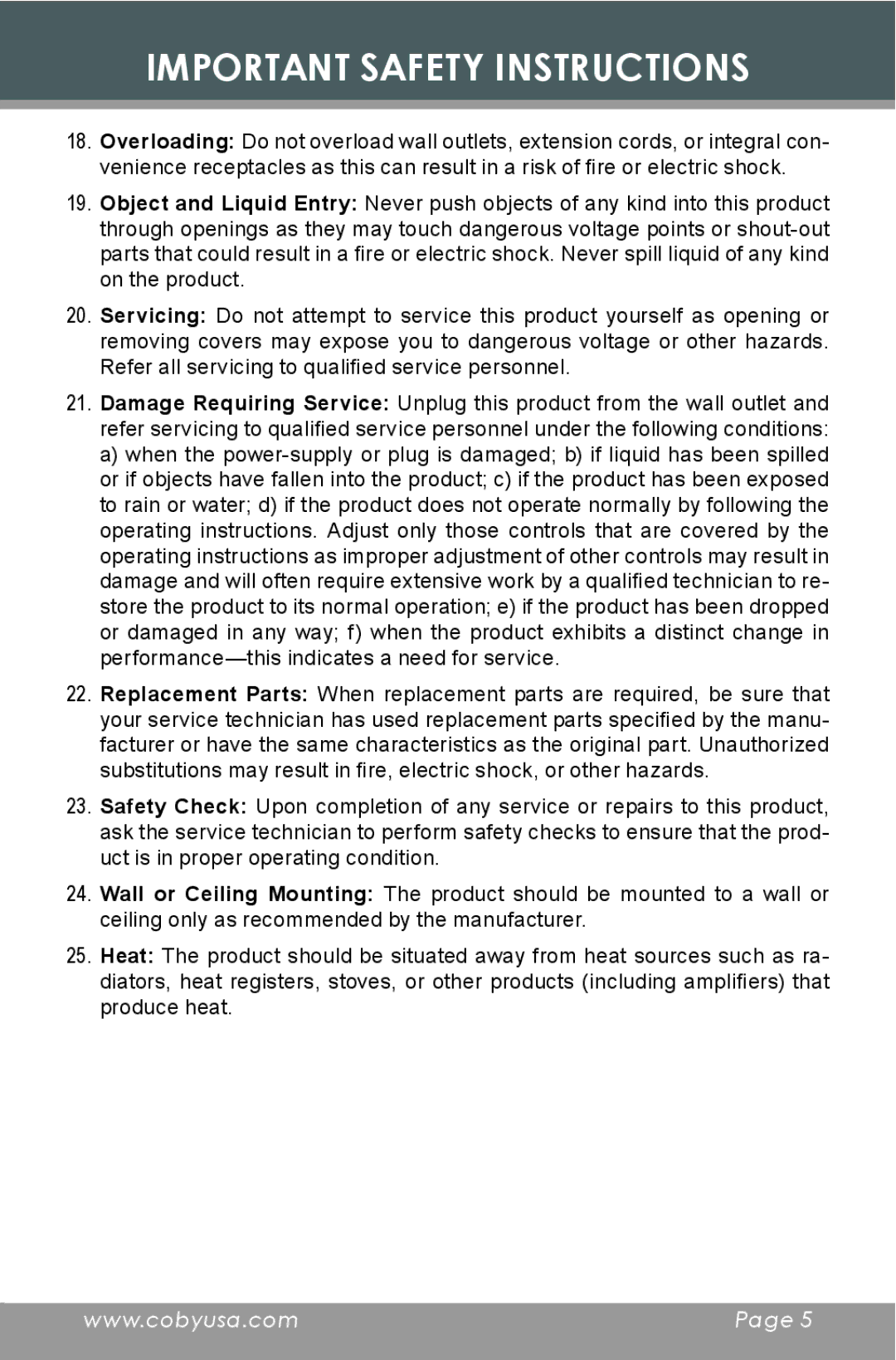 COBY electronic CR-A119 instruction manual Important Safety Instructions 