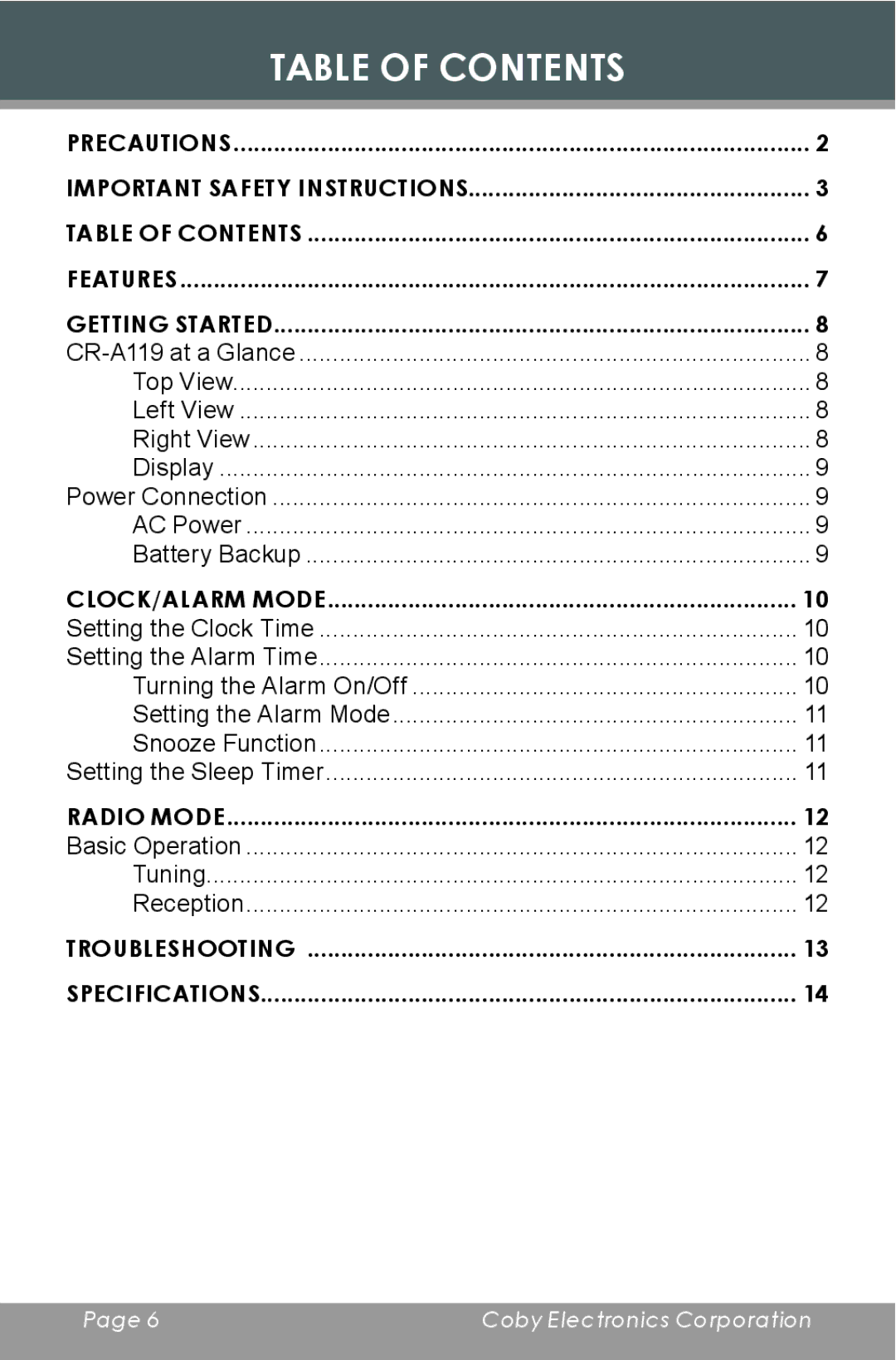 COBY electronic CR-A119 instruction manual Table of Contents 