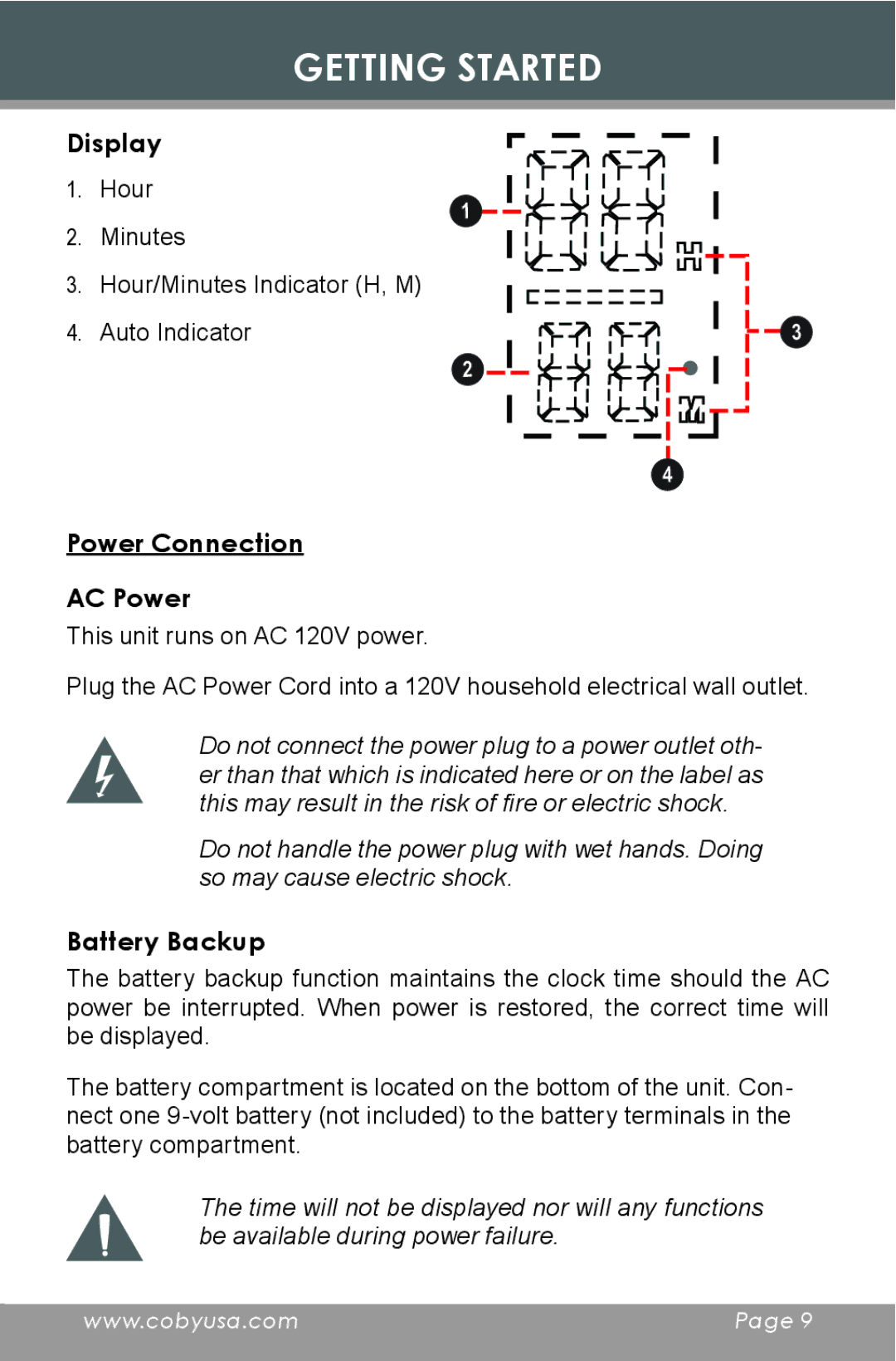 COBY electronic CR-A119 instruction manual Display, Power Connection AC Power, Battery Backup 