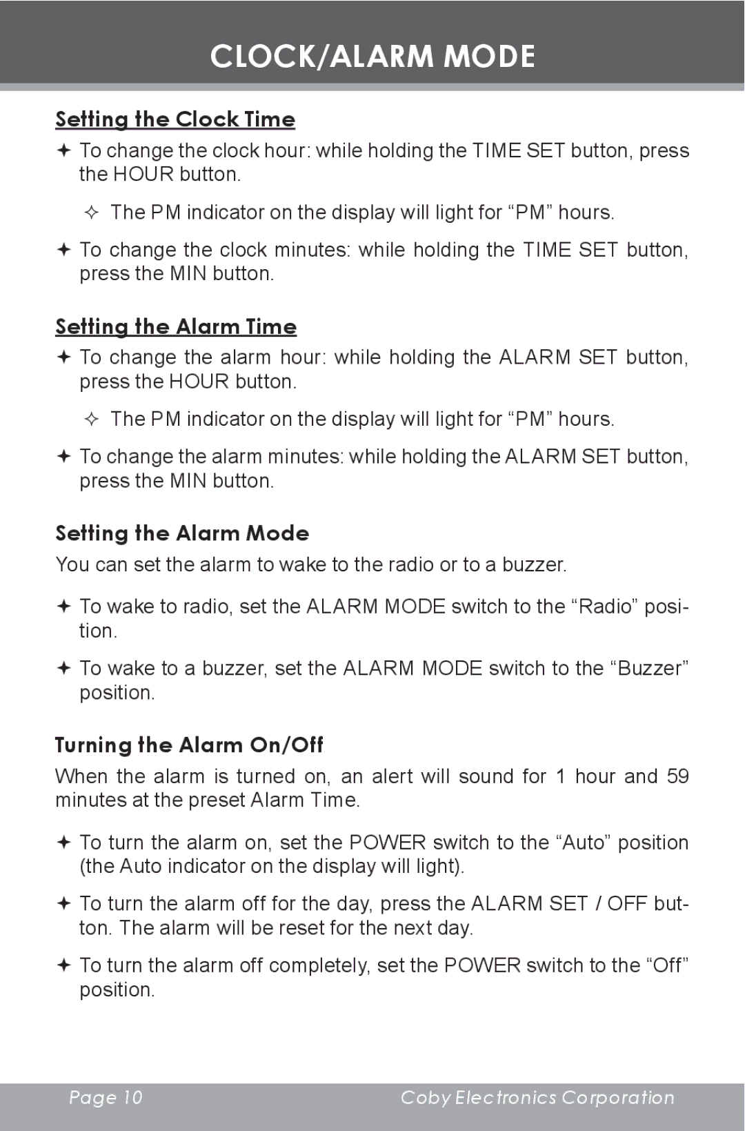 COBY electronic CR-A129 CLOCK/ALARM Mode, Setting the Clock Time, Setting the Alarm Time, Setting the Alarm Mode 