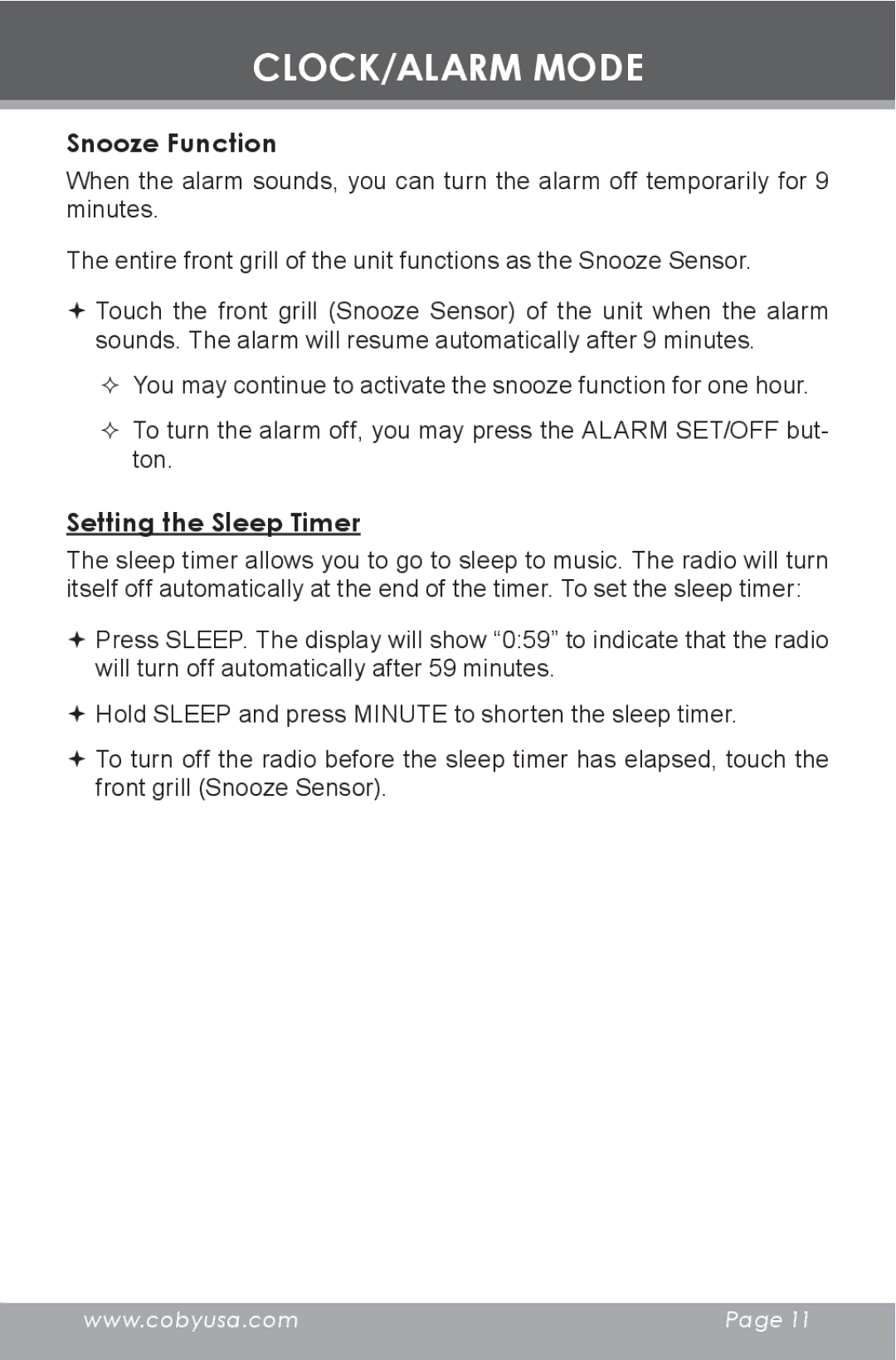 COBY electronic CR-A129 instruction manual Snooze Function, Setting the Sleep Timer 