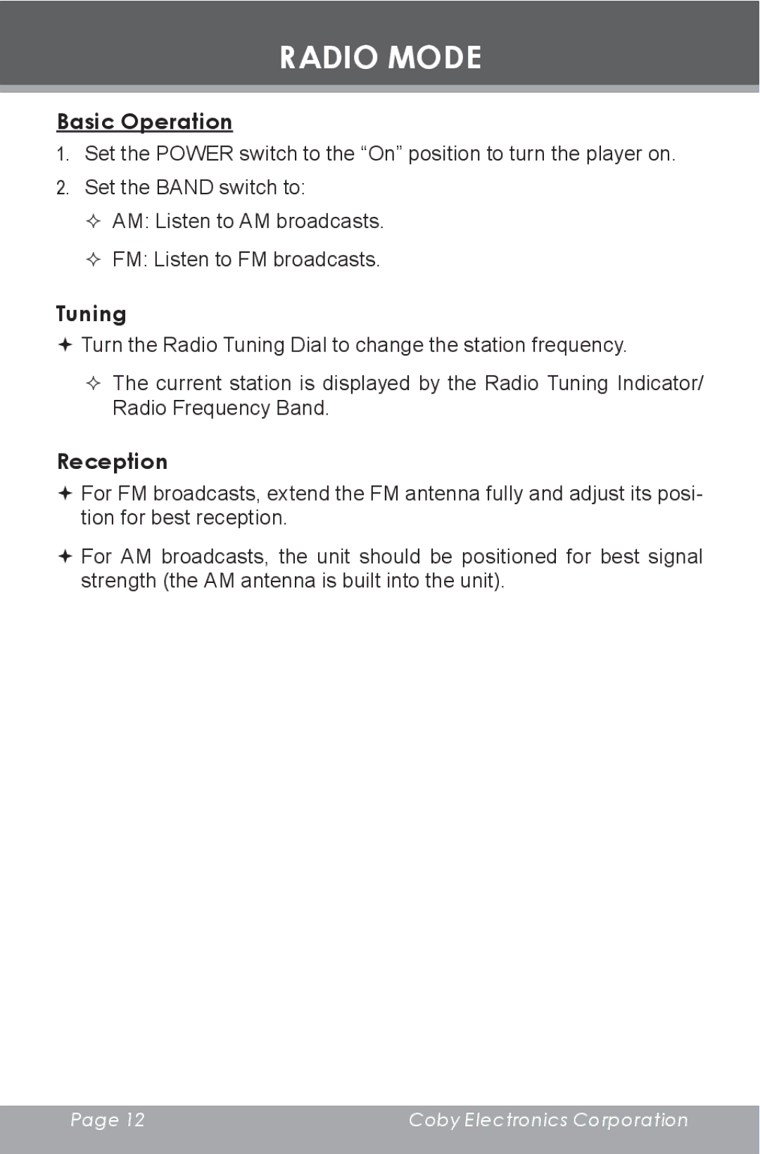 COBY electronic CR-A129 instruction manual Radio Mode, Basic Operation, Tuning, Reception 