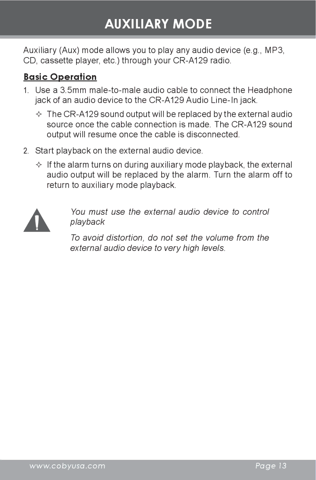 COBY electronic CR-A129 instruction manual Auxiliary Mode 