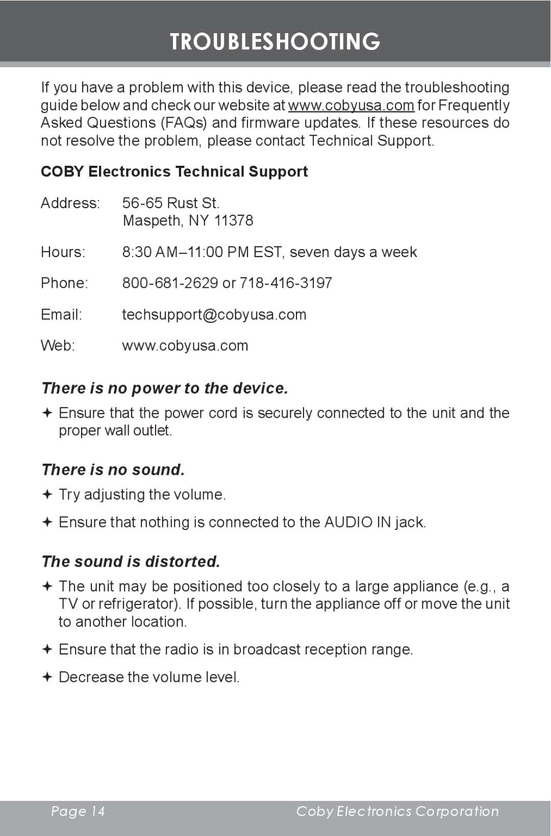 COBY electronic CR-A129 instruction manual Troubleshooting, Coby Electronics Technical Support 