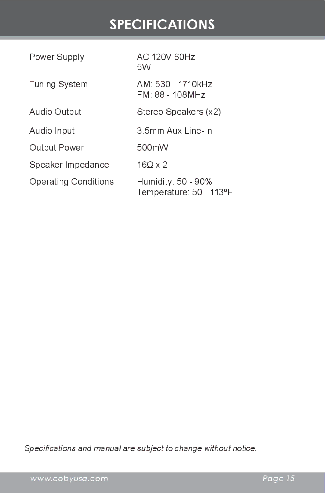 COBY electronic CR-A129 instruction manual Specifications 