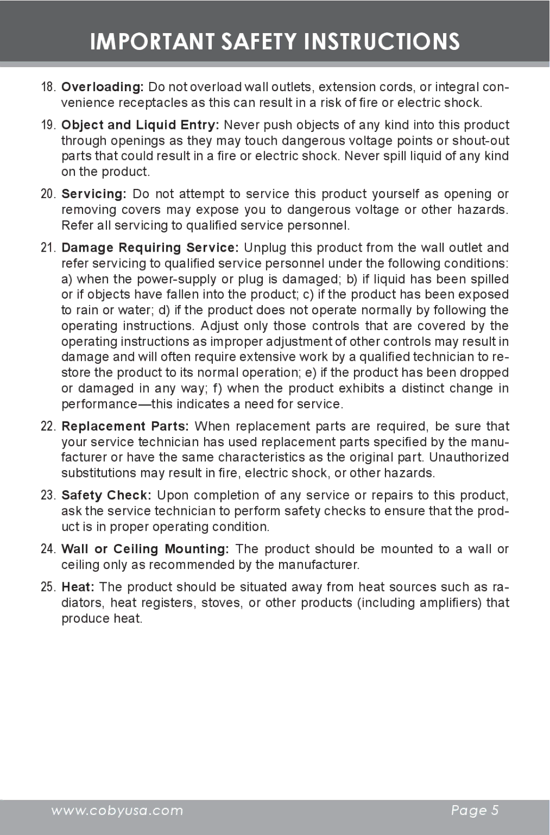 COBY electronic CR-A129 instruction manual Important Safety Instructions 