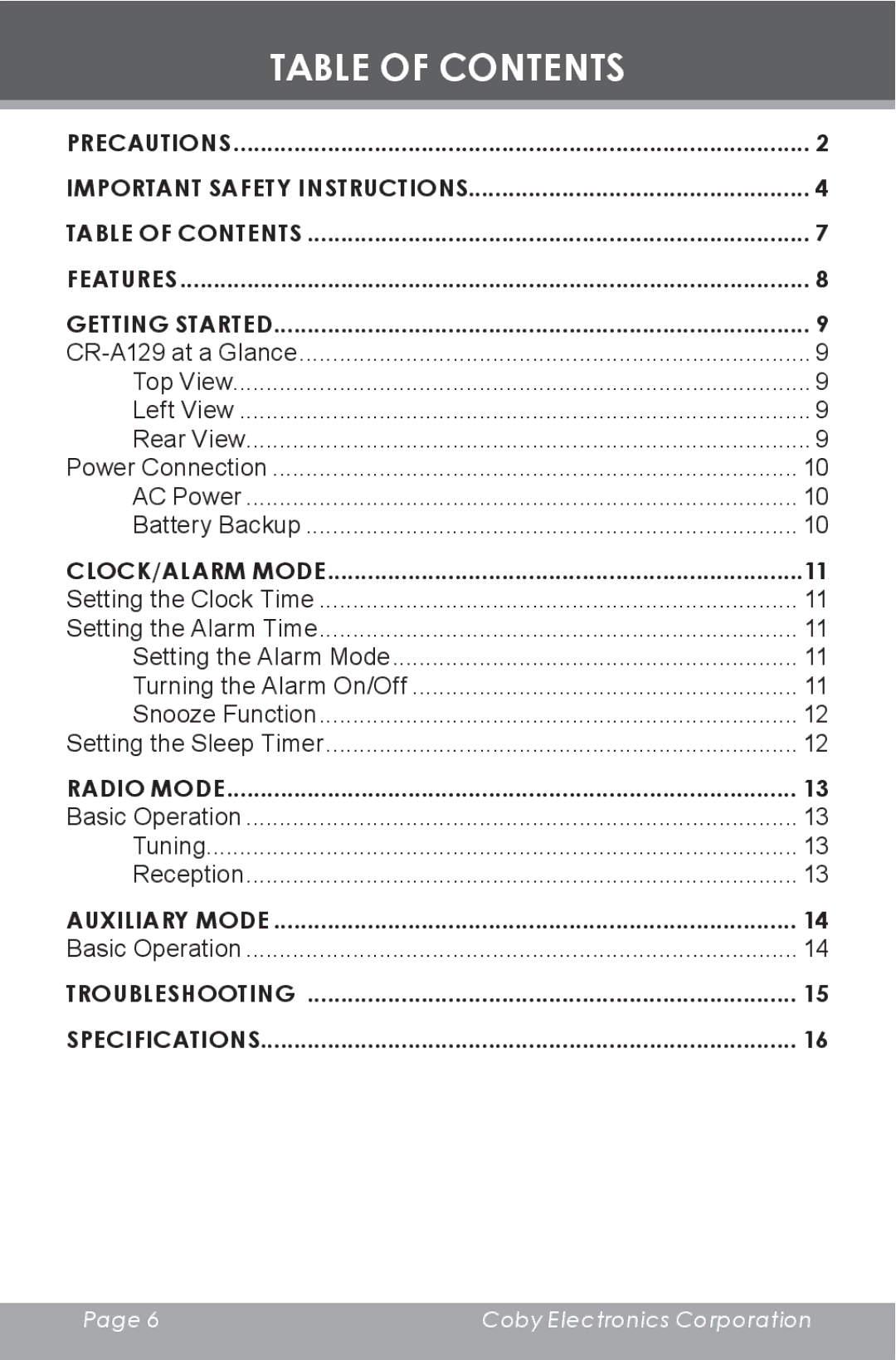 COBY electronic CR-A129 instruction manual Table of Contents 