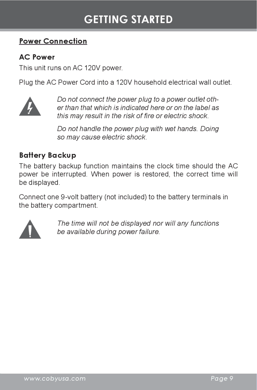 COBY electronic CR-A129 instruction manual Power Connection AC Power, Battery Backup 