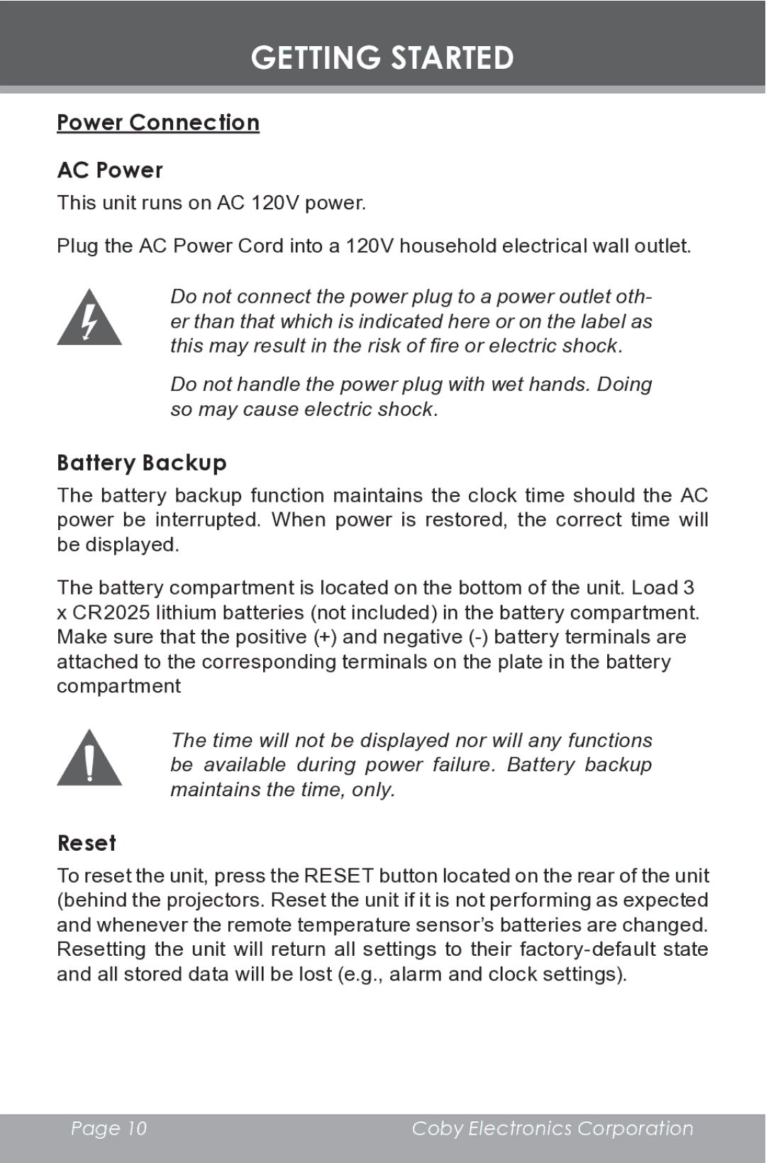 COBY electronic CR-A149 instruction manual Power Connection AC Power, Battery Backup, Reset 