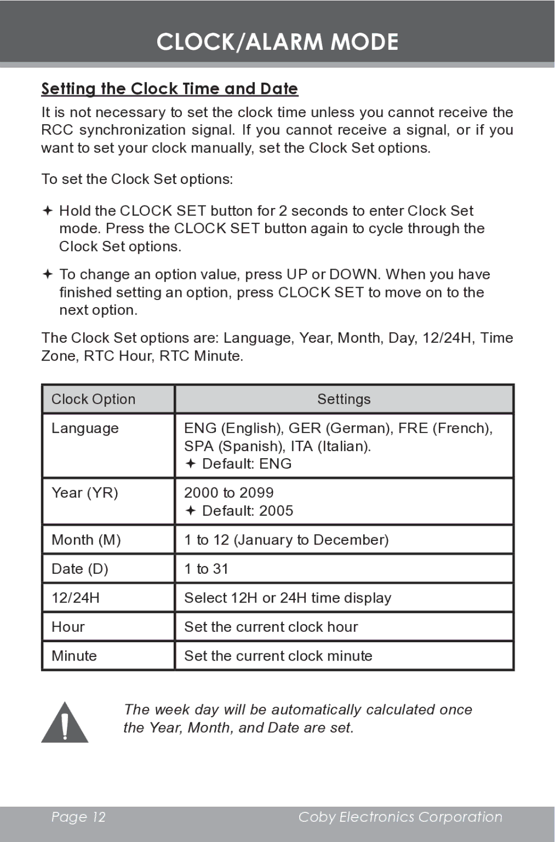 COBY electronic CR-A149 instruction manual CLOCK/ALARM Mode, Setting the Clock Time and Date 