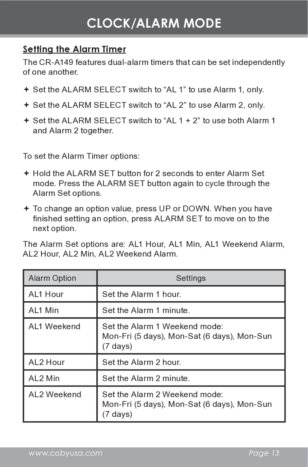 COBY electronic CR-A149 instruction manual Setting the Alarm Timer 