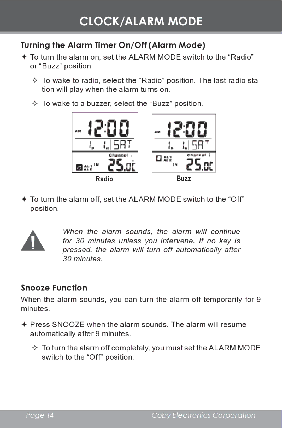 COBY electronic CR-A149 instruction manual Turning the Alarm Timer On/Off Alarm Mode, Snooze Function 