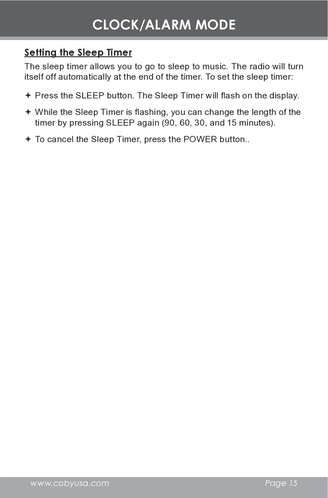 COBY electronic CR-A149 instruction manual Setting the Sleep Timer 