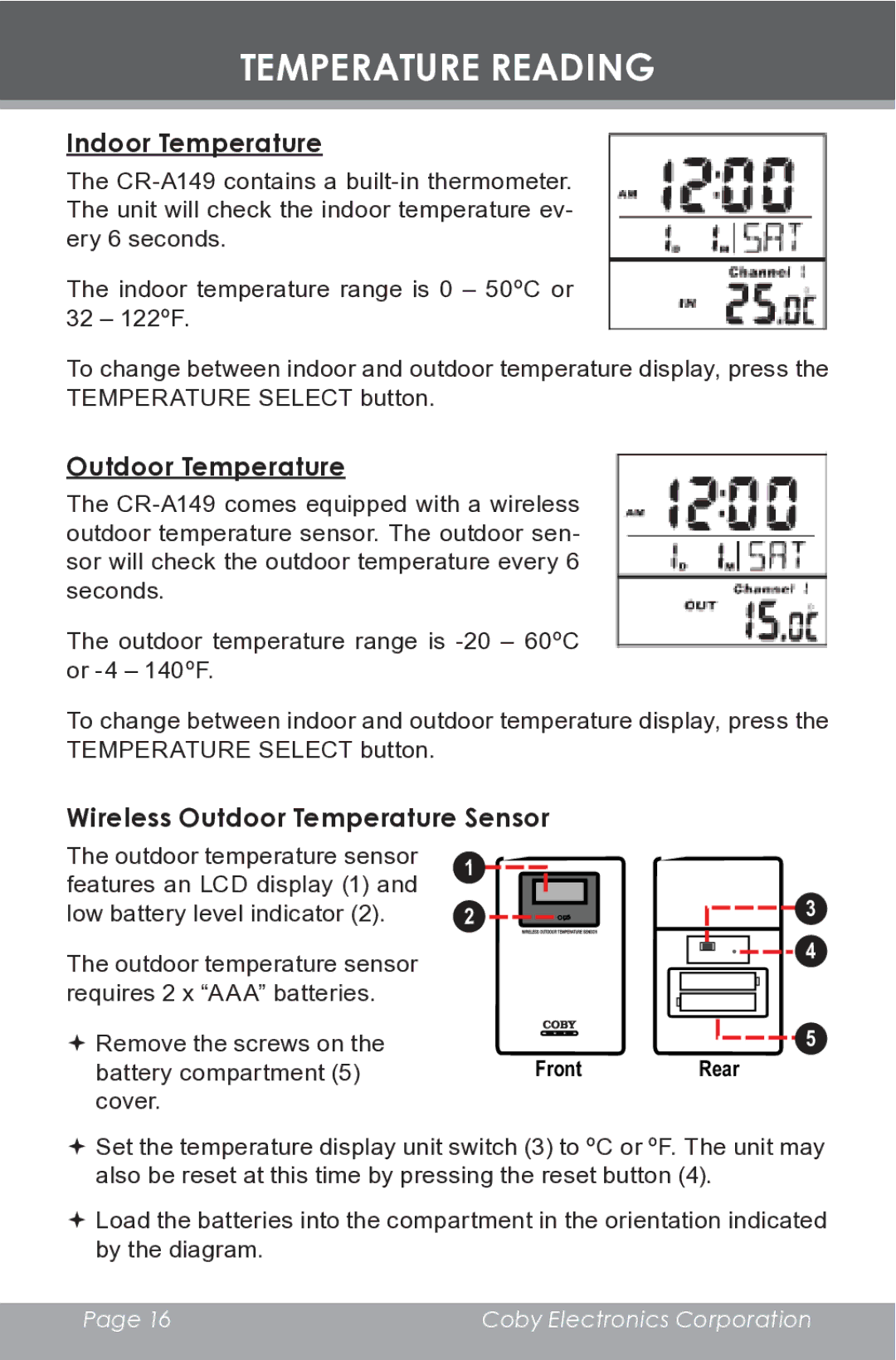 COBY electronic CR-A149 instruction manual Temperature Reading, Indoor Temperature, Wireless Outdoor Temperature Sensor 