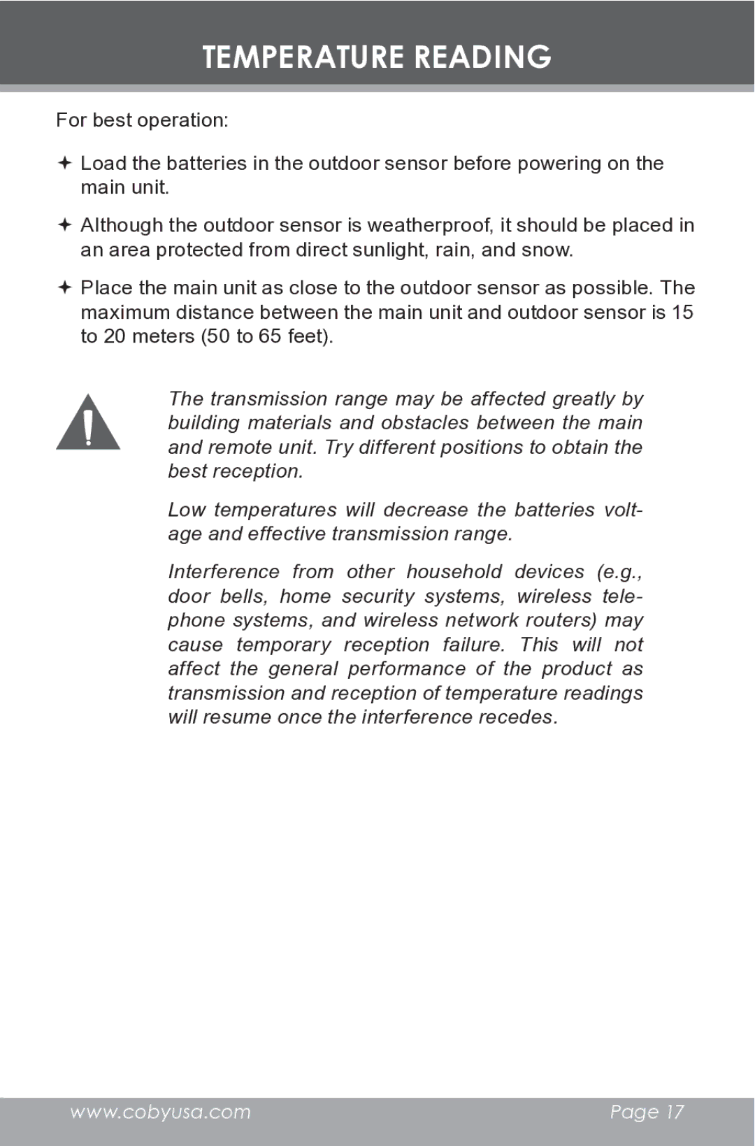 COBY electronic CR-A149 instruction manual Temperature Reading 