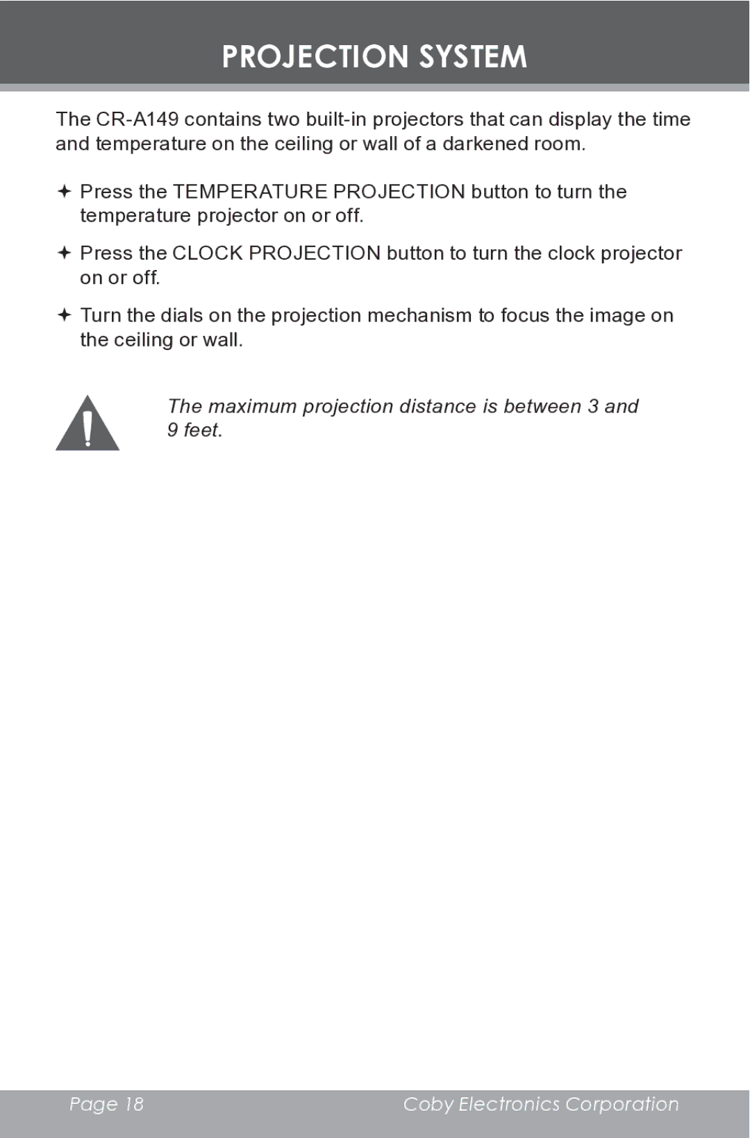 COBY electronic CR-A149 instruction manual Projection System 