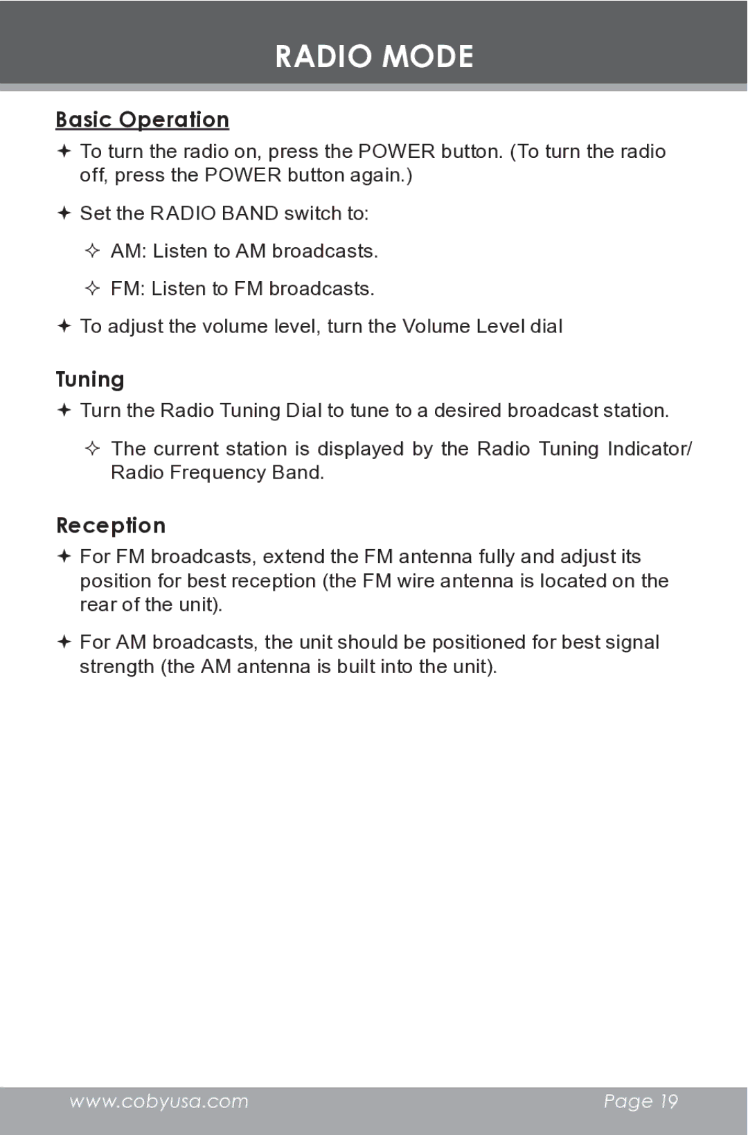 COBY electronic CR-A149 instruction manual Radio Mode, Basic Operation, Tuning, Reception 