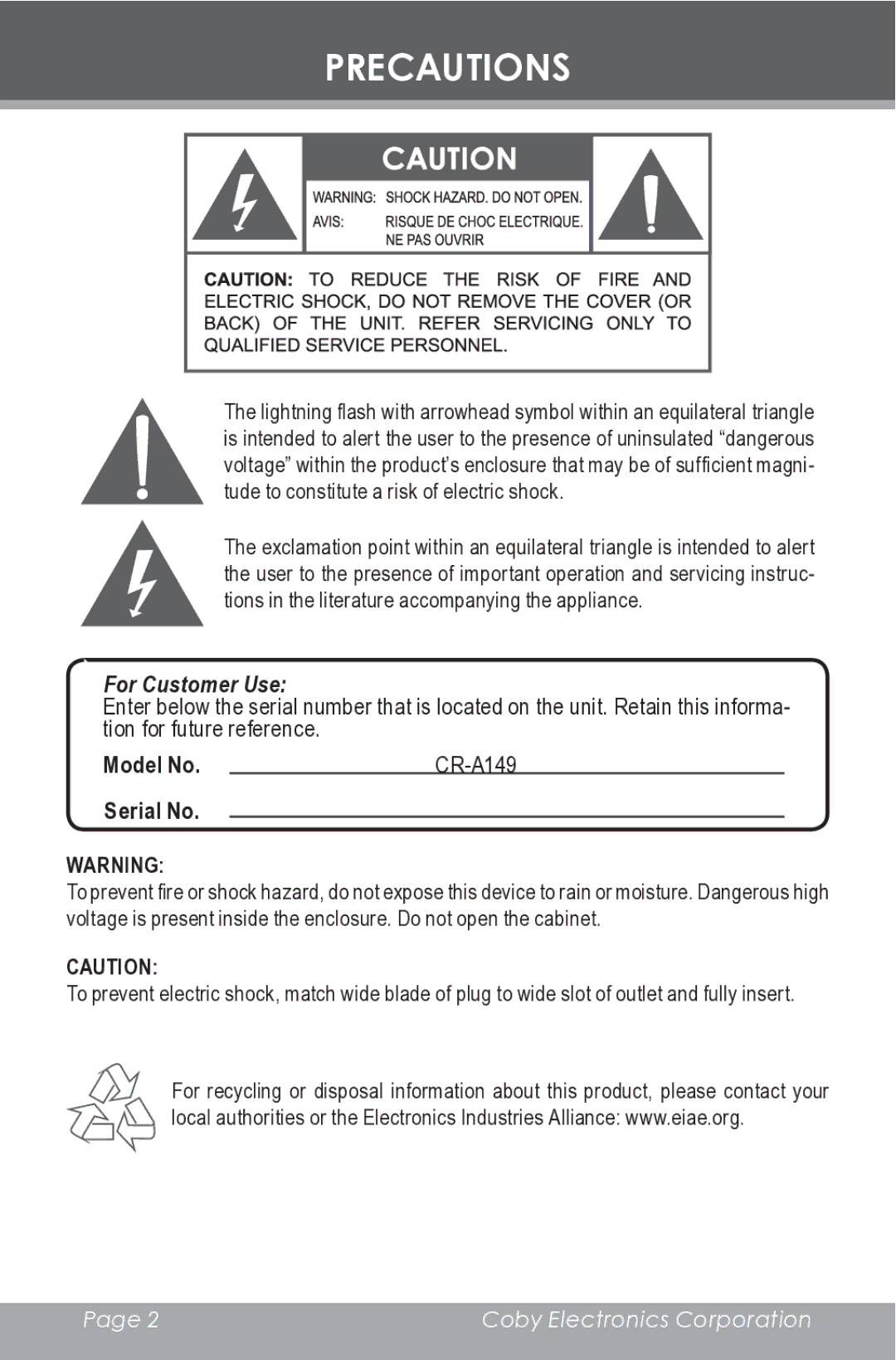 COBY electronic CR-A149 instruction manual Precautions, For Customer Use 