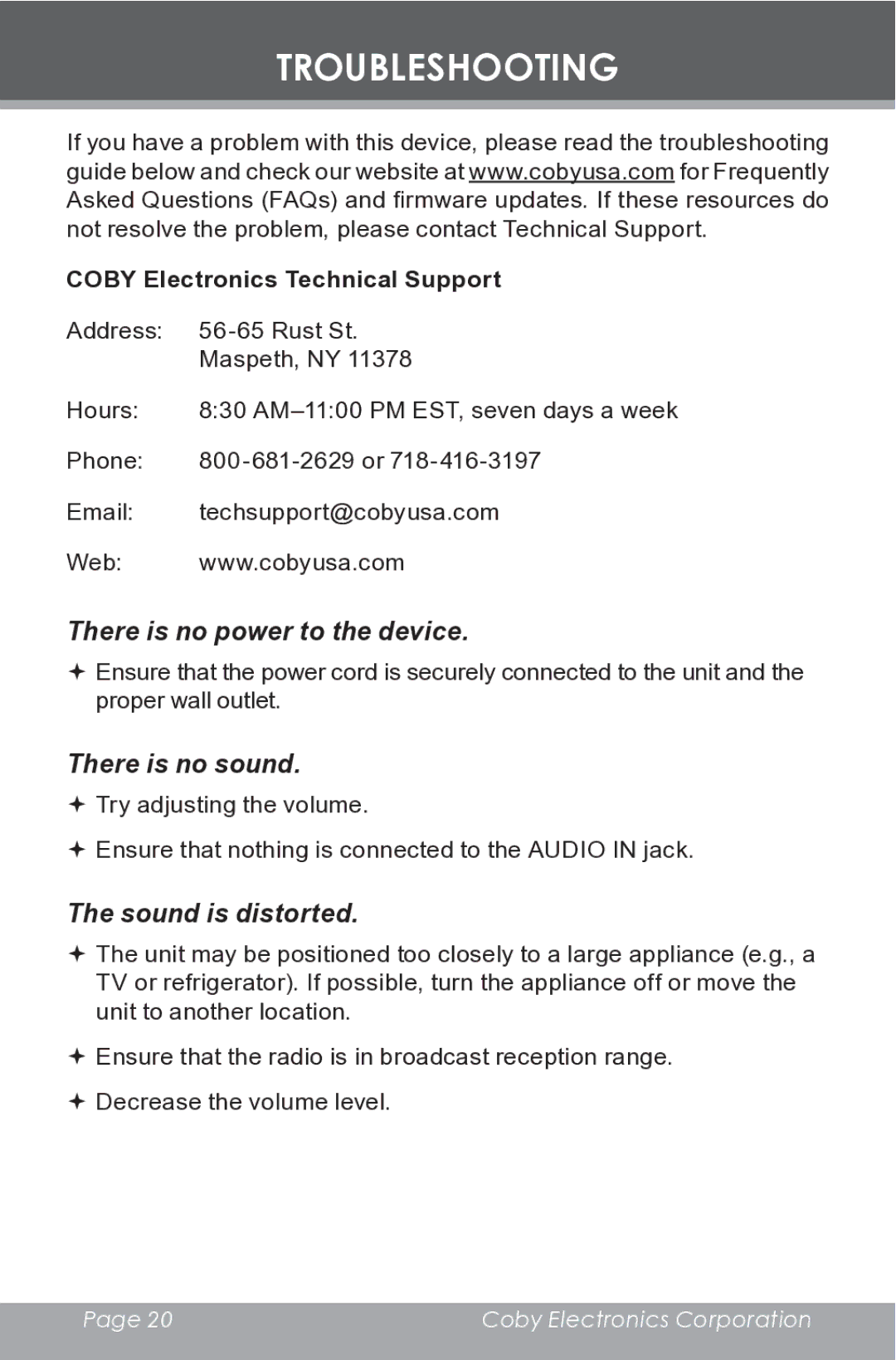 COBY electronic CR-A149 instruction manual Troubleshooting, Coby Electronics Technical Support 