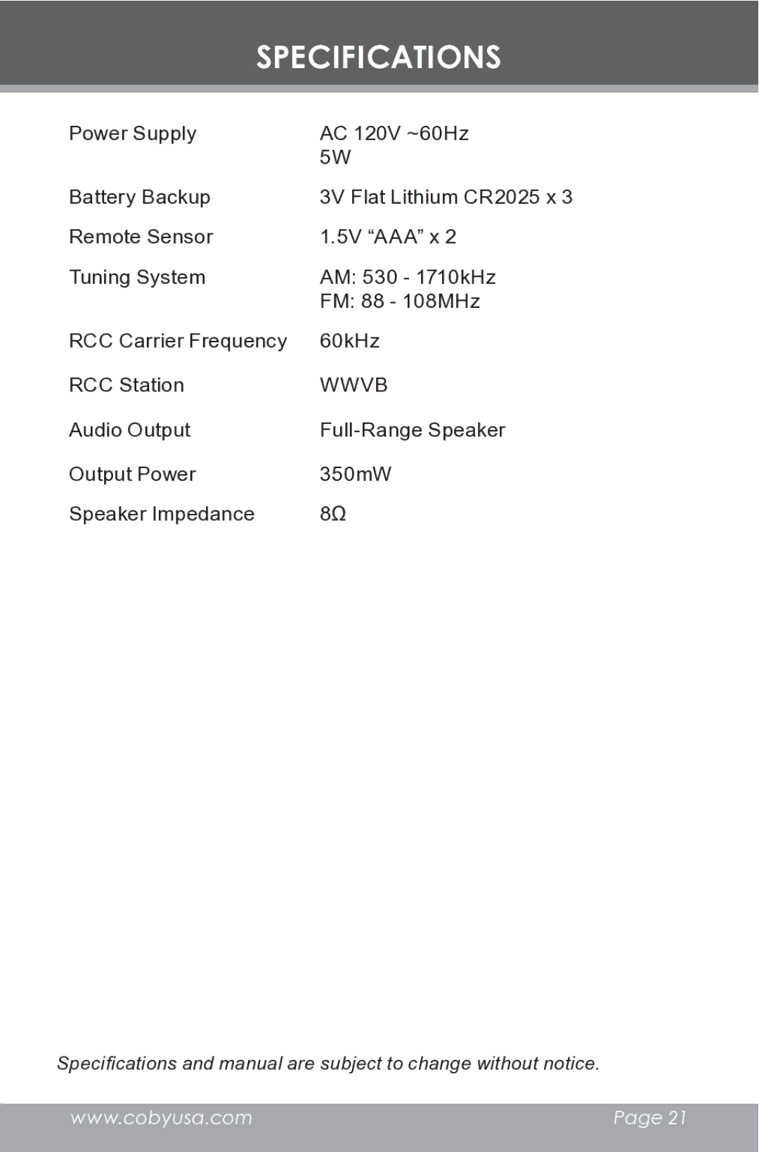 COBY electronic CR-A149 instruction manual Specifications, Wwvb 