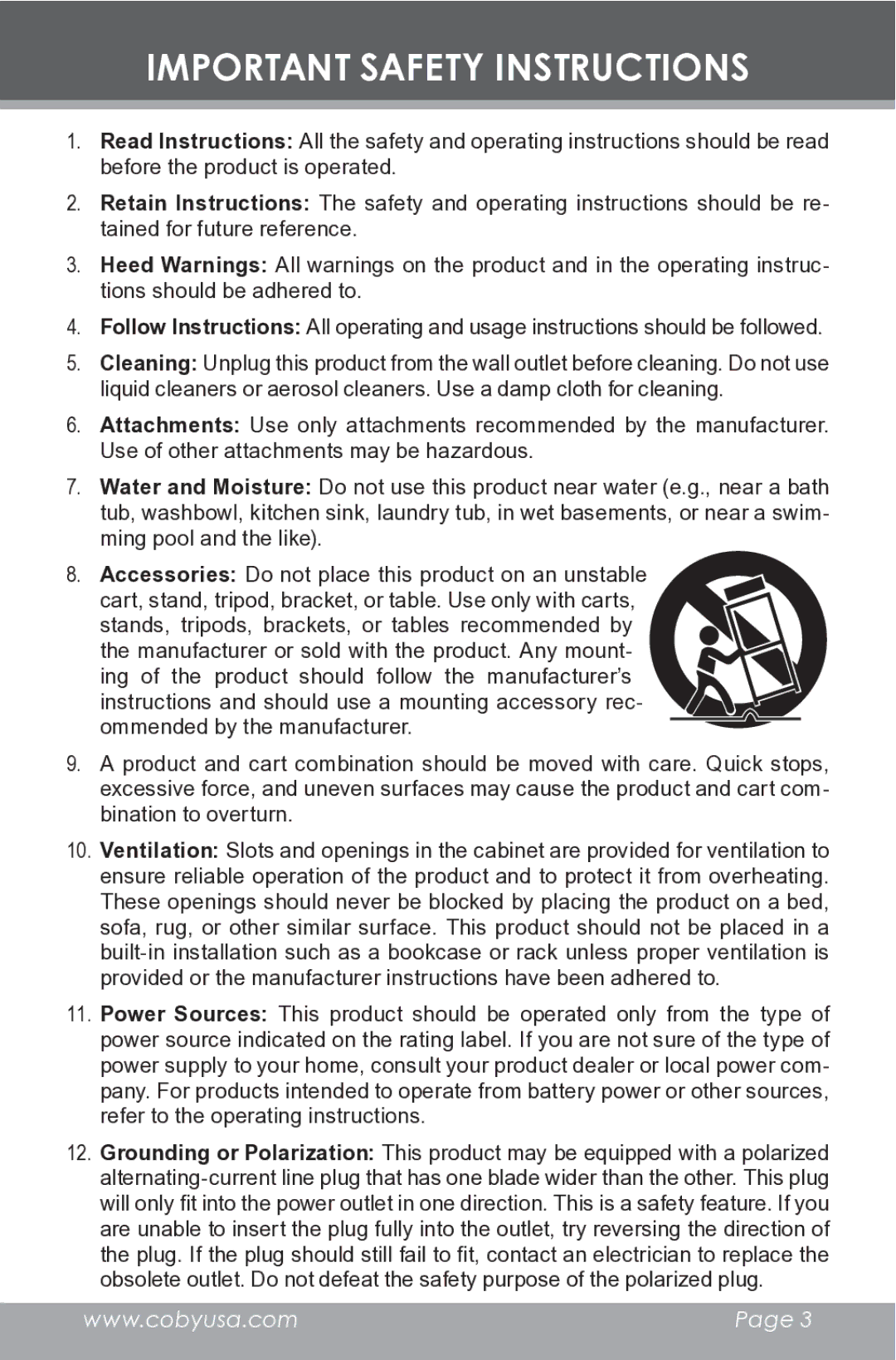 COBY electronic CR-A149 instruction manual Important Safety Instructions 