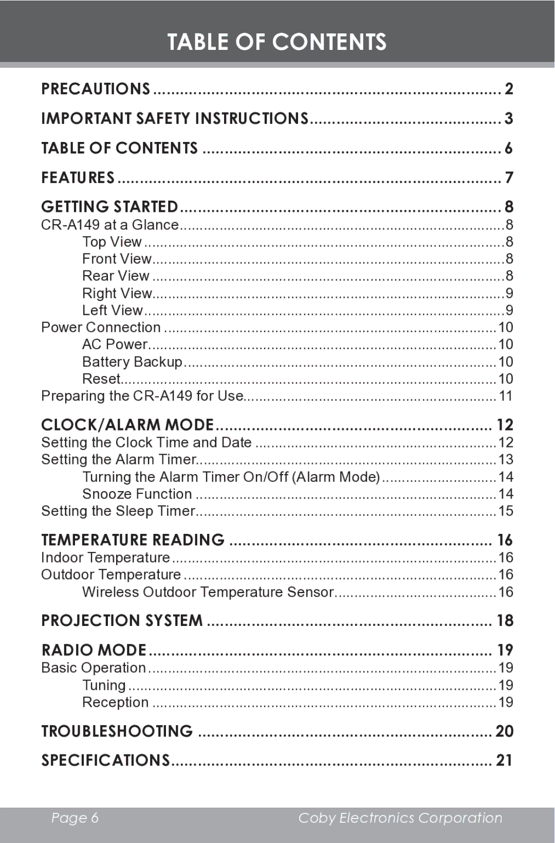 COBY electronic CR-A149 instruction manual Table of Contents 