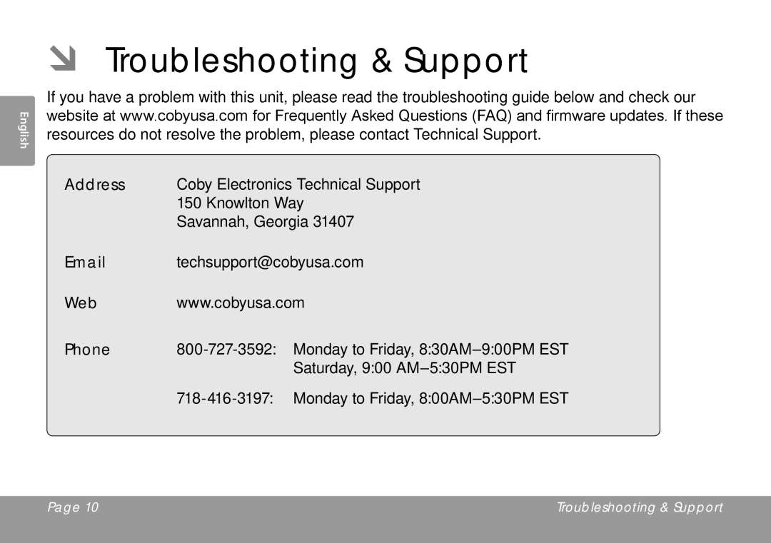 COBY electronic CRA59 instruction manual ÂÂ Troubleshooting & Support, Address, Web Phone 