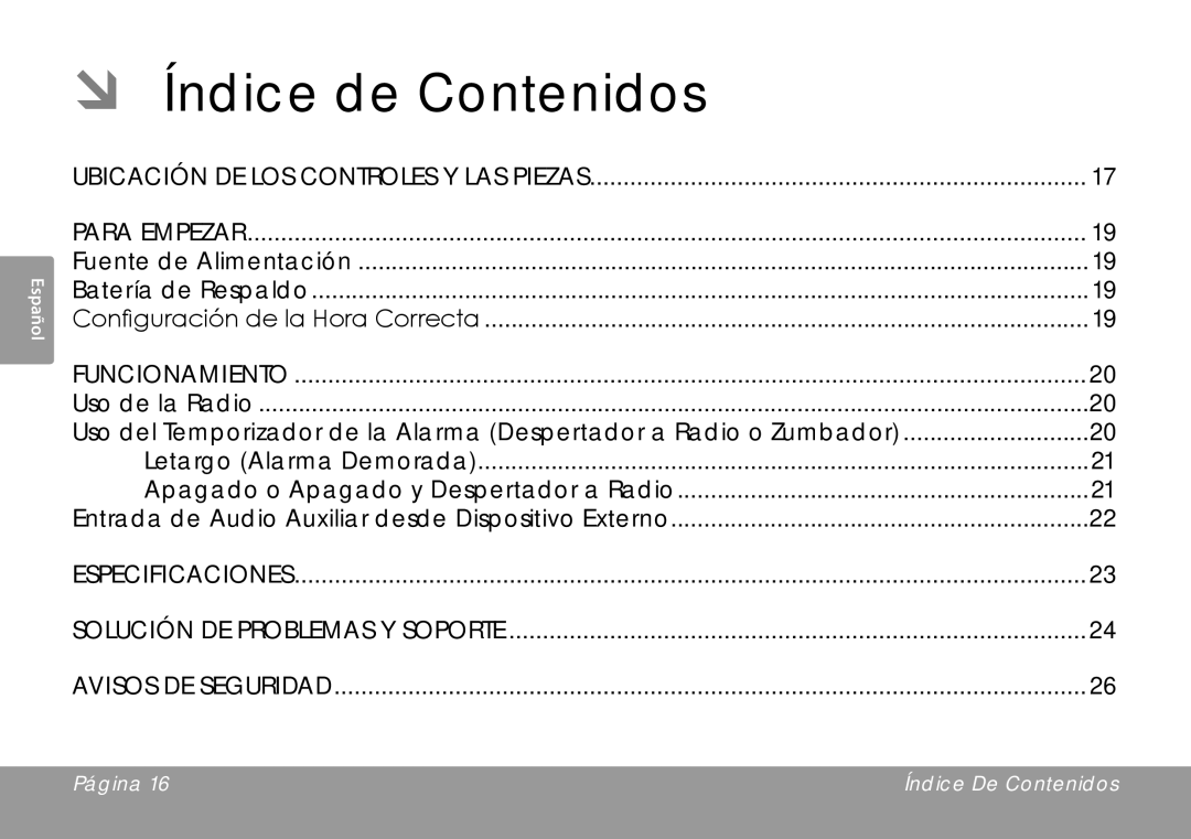 COBY electronic CRA59 ÂÂ Índice de Contenidos, Ubicación de los Controles y las Piezas Para Empezar, Funcionamiento 