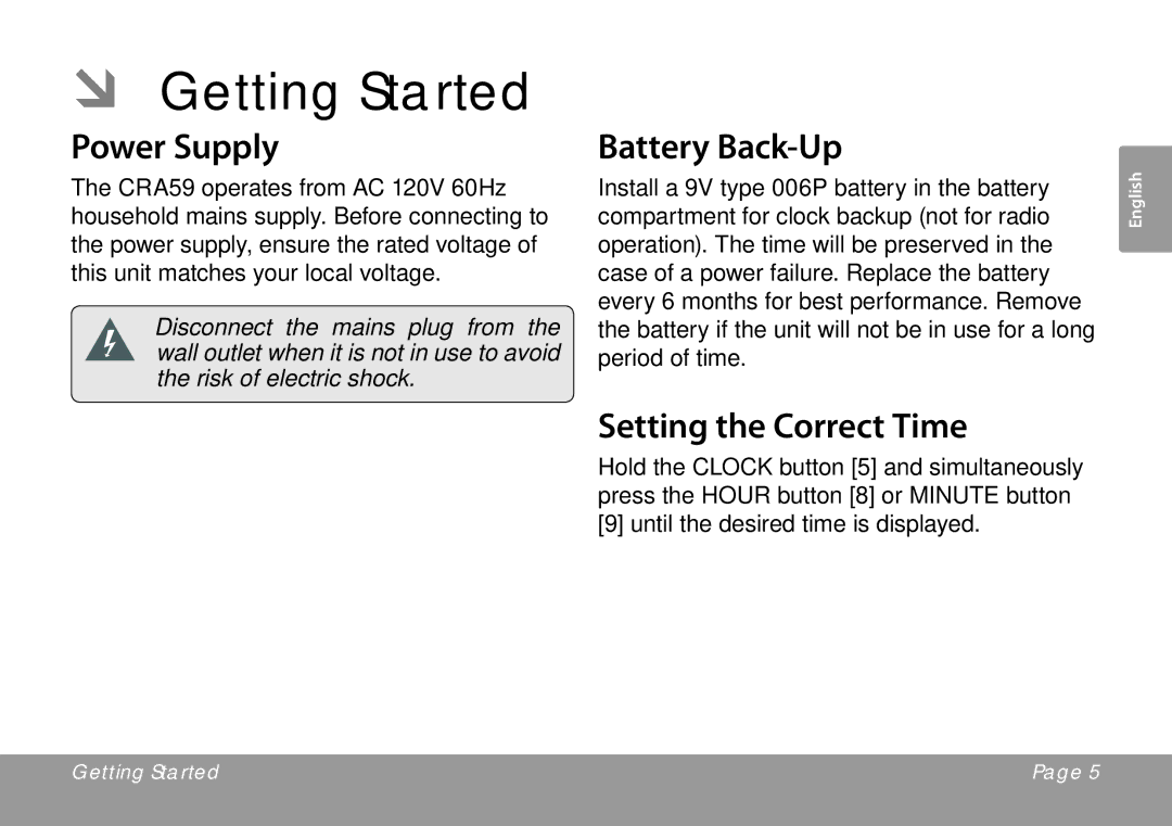 COBY electronic CRA59 instruction manual ÂÂ Getting Started, Power Supply, Battery Back-Up, Setting the Correct Time 