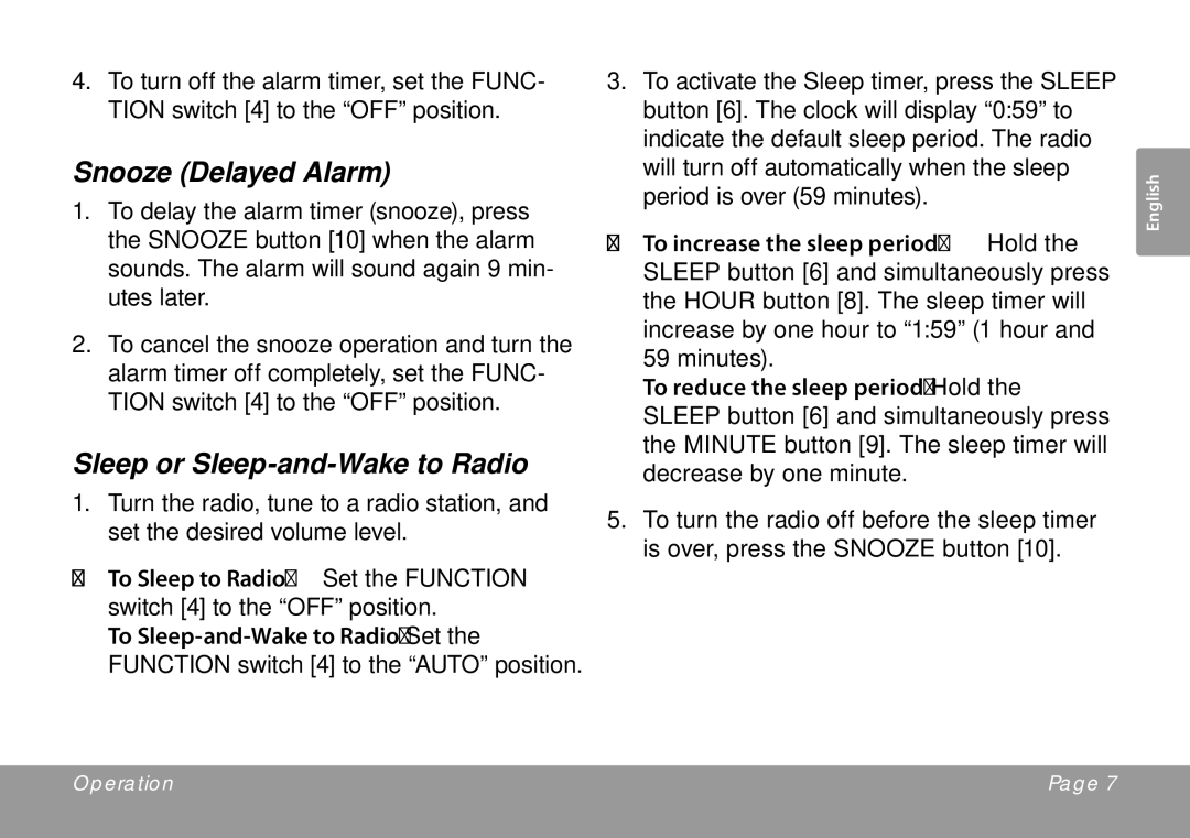 COBY electronic CRA59 instruction manual Snooze Delayed Alarm 