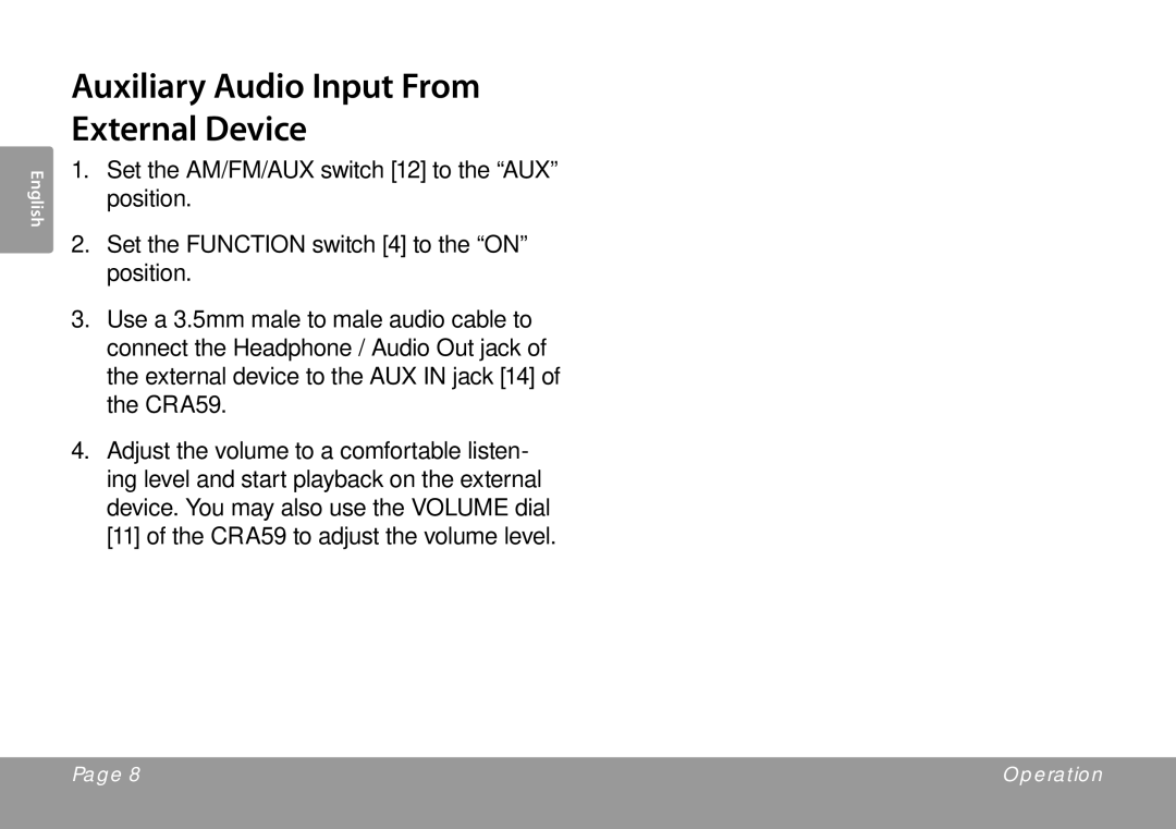 COBY electronic CRA59 instruction manual Auxiliary Audio Input From External Device 
