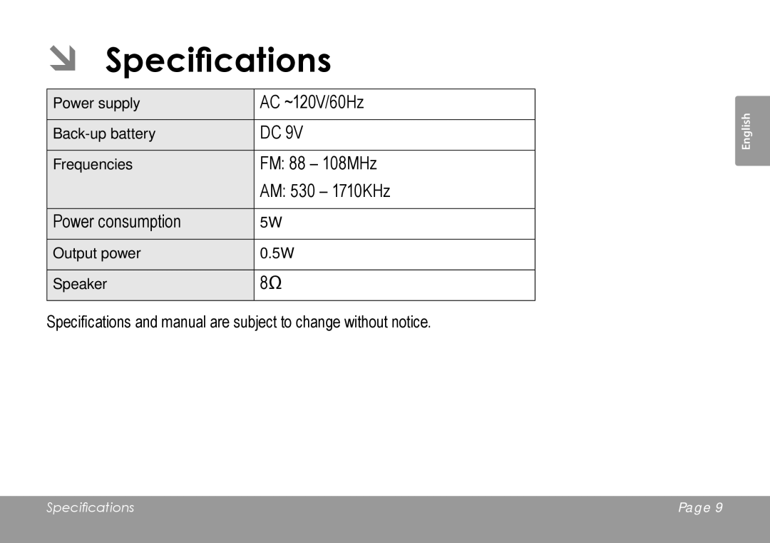 COBY electronic CRA59 instruction manual ÂÂ Specifications 