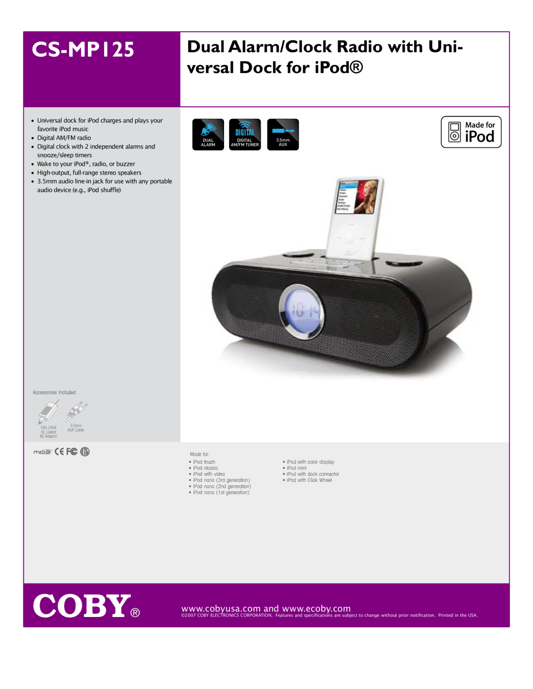 COBY electronic CS-MP125 specifications Dual Alarm/Clock Radio with Uni- versal Dock for iPod 