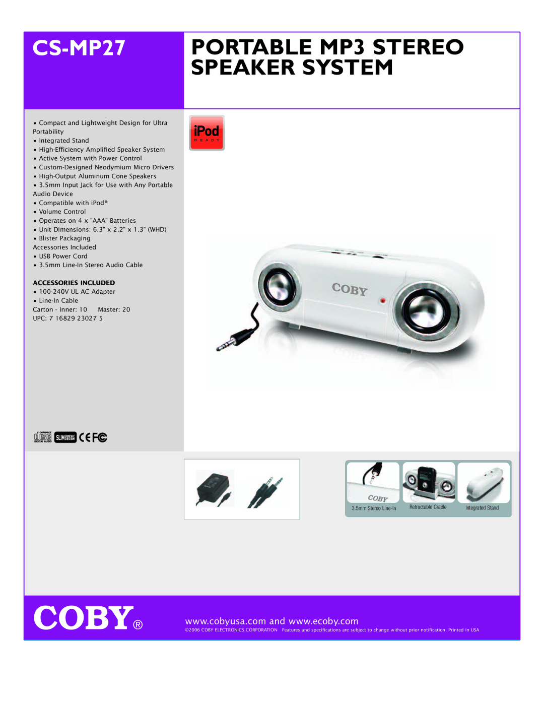 COBY electronic CS-MP27 specifications Portable MP3 Stereo, Speaker System, Accessories Included 