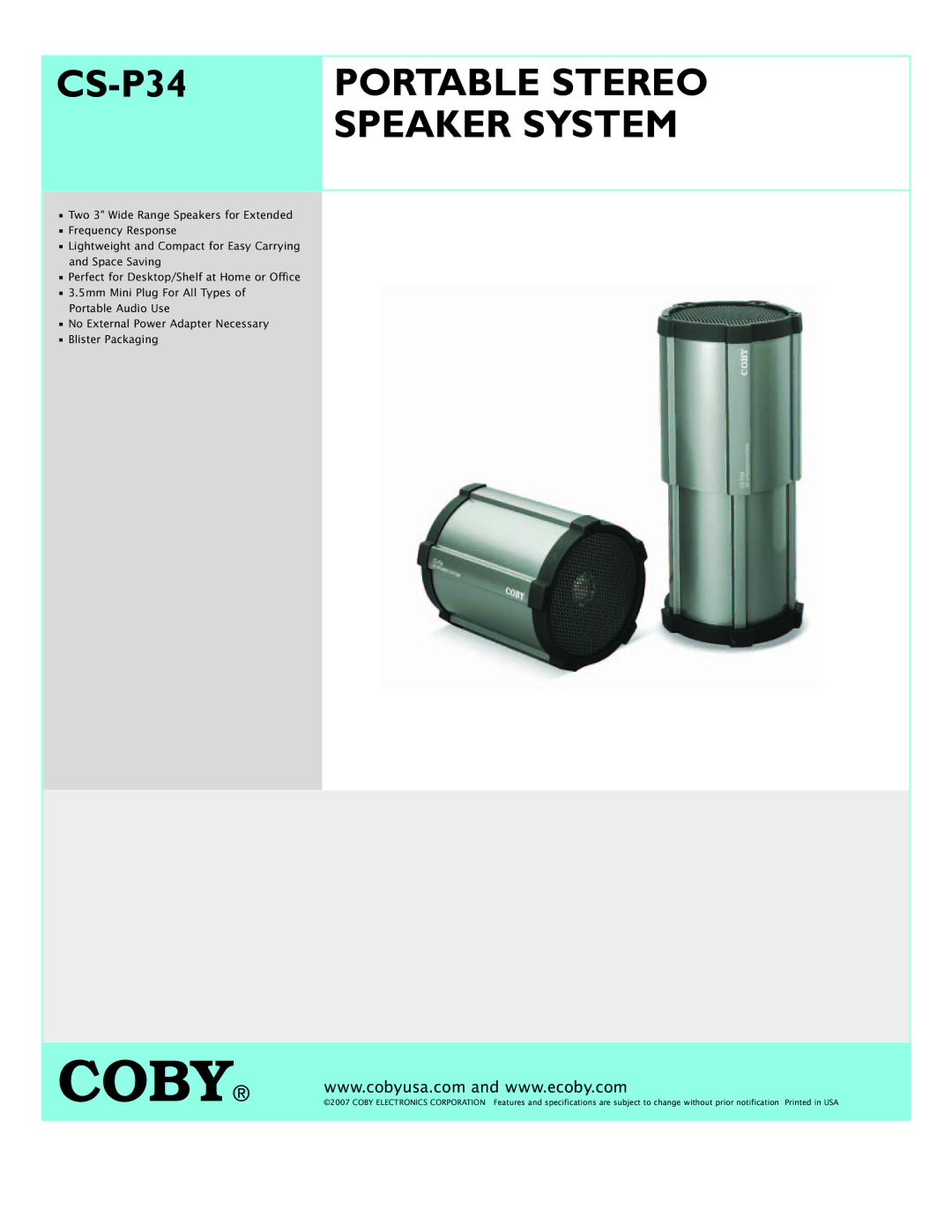 COBY electronic CS-P34 specifications Speaker System 