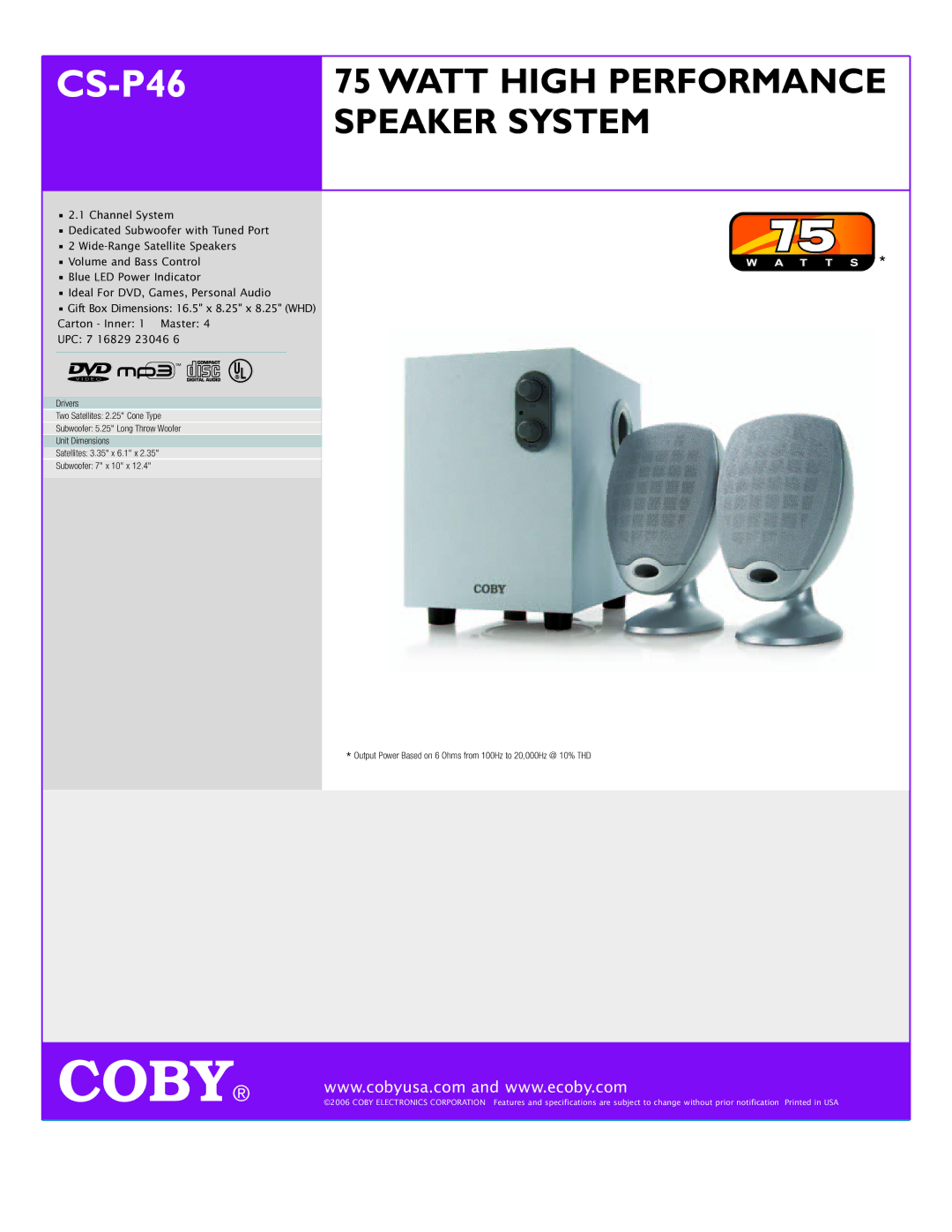 COBY electronic CS-P46 specifications Watt High Performance, Speaker System, Carton Inner Master UPC 7 16829 23046 