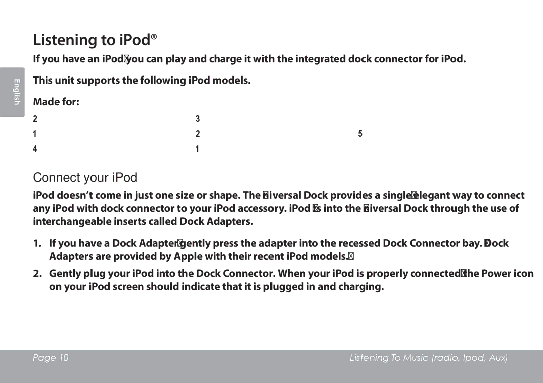 COBY electronic CSMP120 instruction manual Listening to iPod, Connect your iPod 