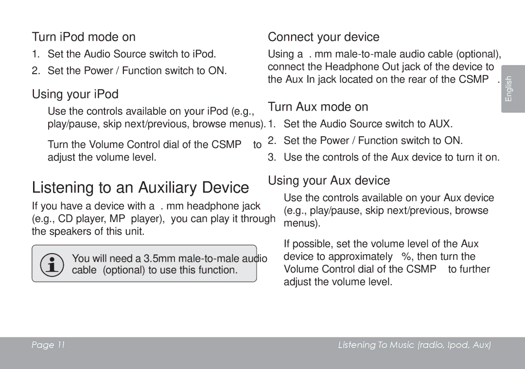 COBY electronic CSMP120 Turn iPod mode on, Using your iPod, Connect your device, Turn Aux mode on, Using your Aux device 